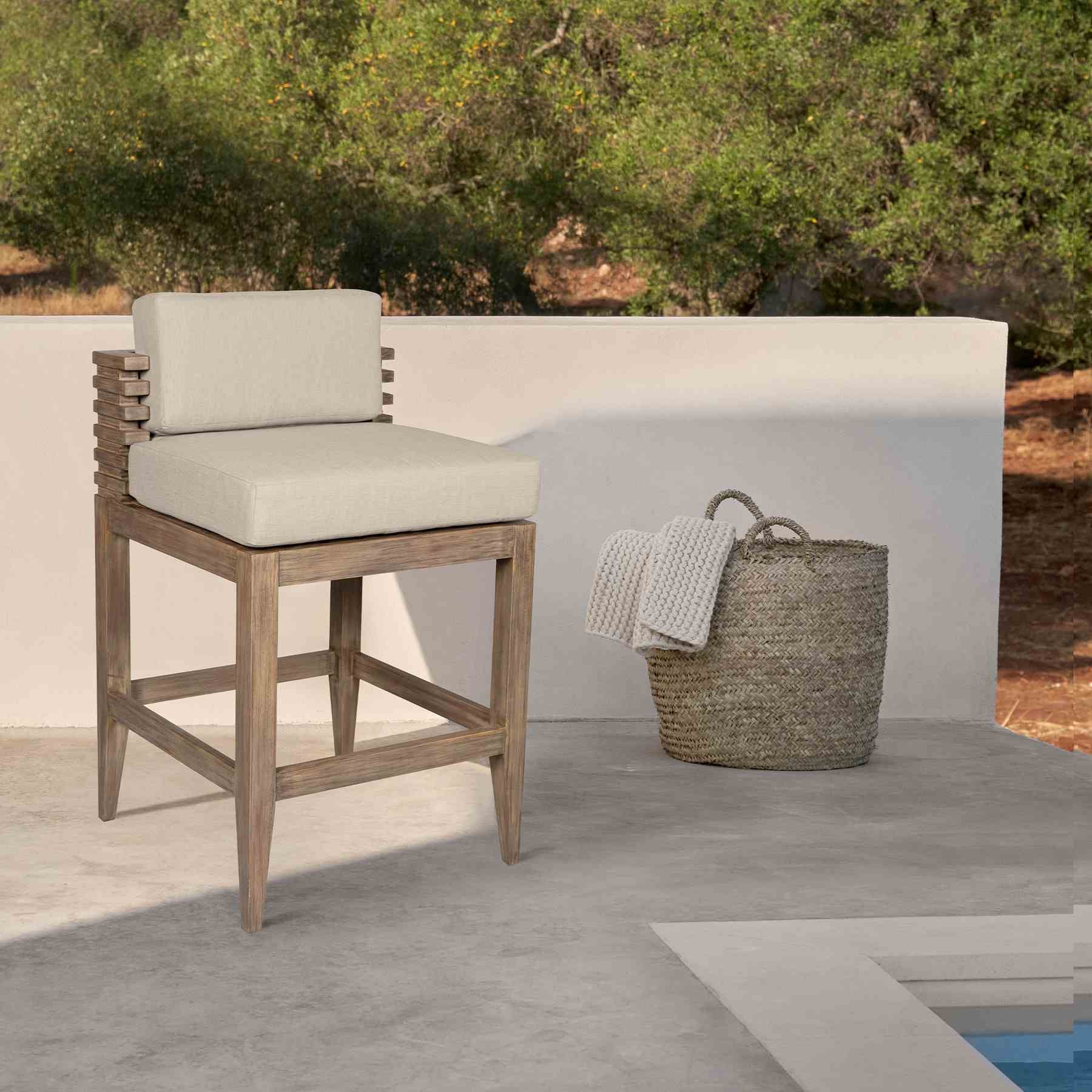 Vivid Outdoor Patio Bar Stool in Light Eucalyptus Wood with Taupe Olefin Cushions - Image 11