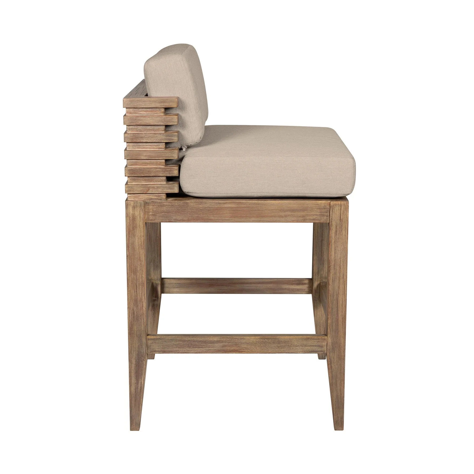 Vivid Outdoor Patio Bar Stool in Light Eucalyptus Wood with Taupe Olefin Cushions - Image 3