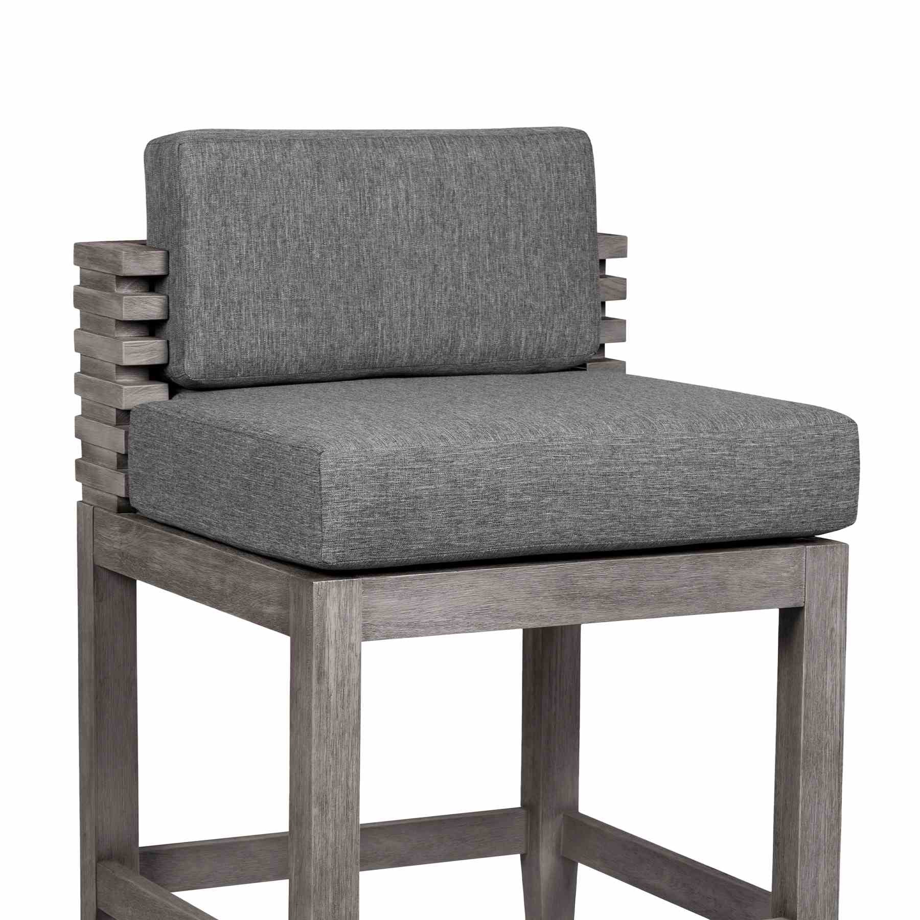 Vivid Outdoor Patio Counter Stool in Gray Eucalyptus Wood with Gray Olefin Cushions - Image 6