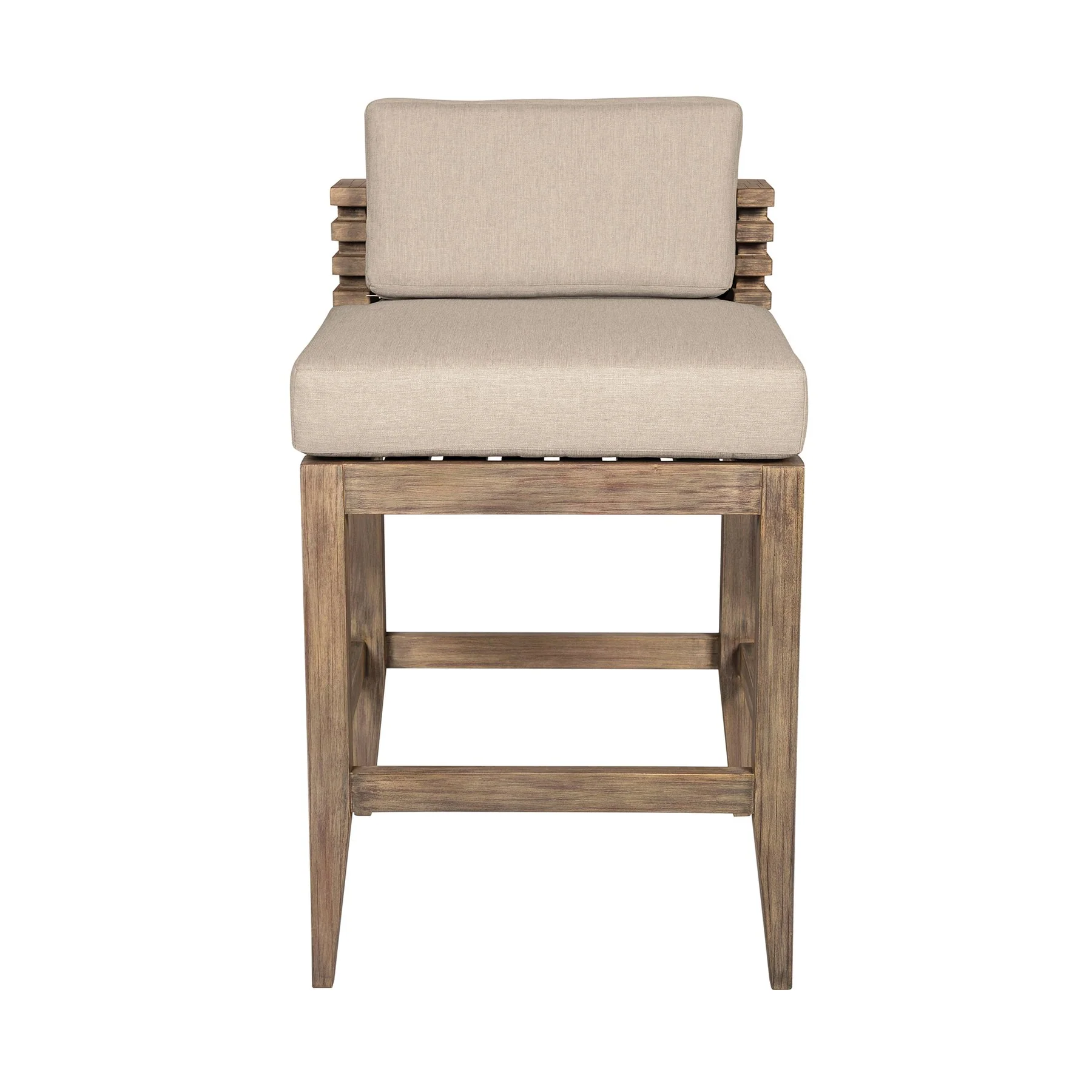 Vivid Outdoor Patio Counter Stool in Light Eucalyptus Wood with Taupe Olefin Cushions - Image 2