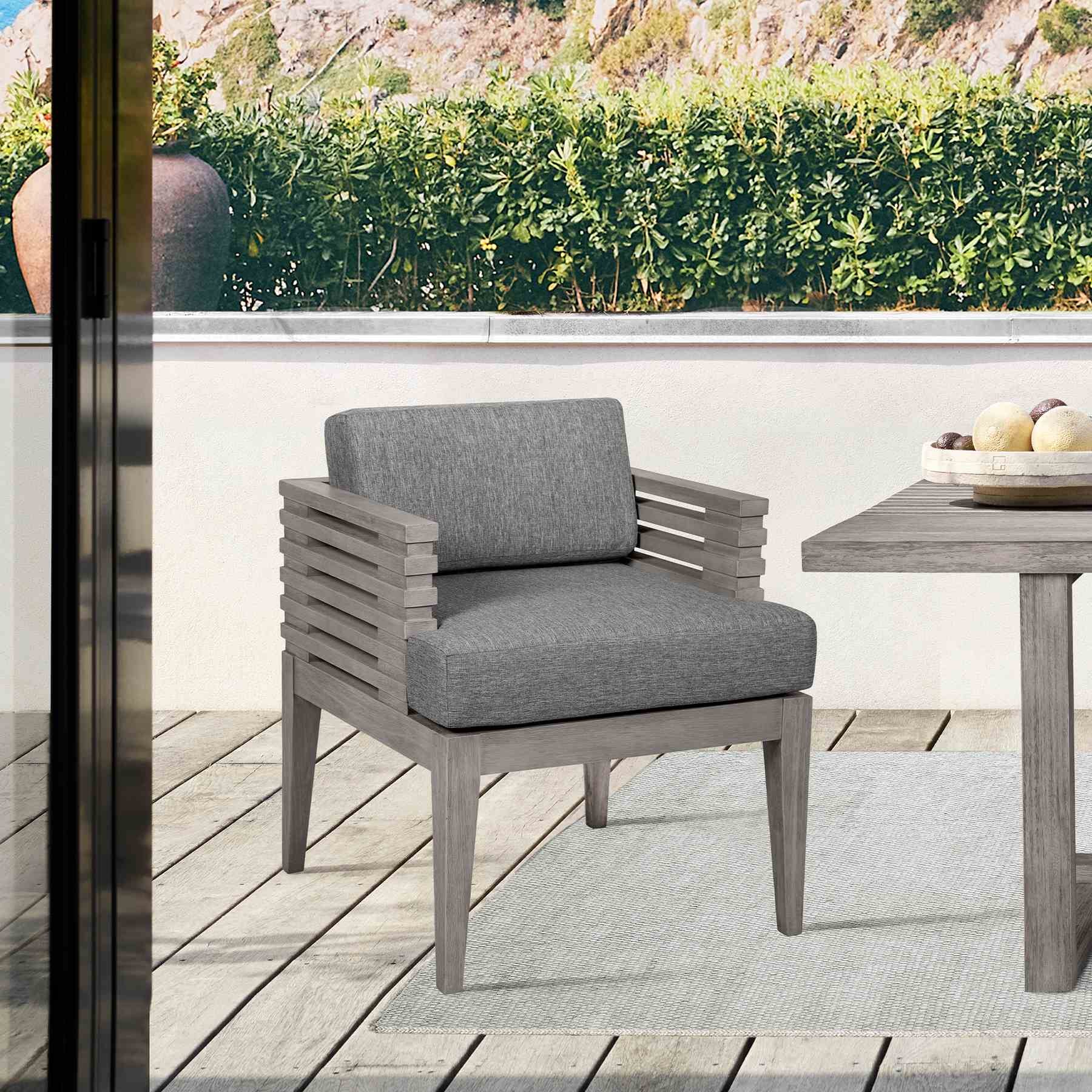 Vivid Outdoor Patio Dining Chair in Gray Eucalyptus Wood with Gray Olefin Cushions - Image 10