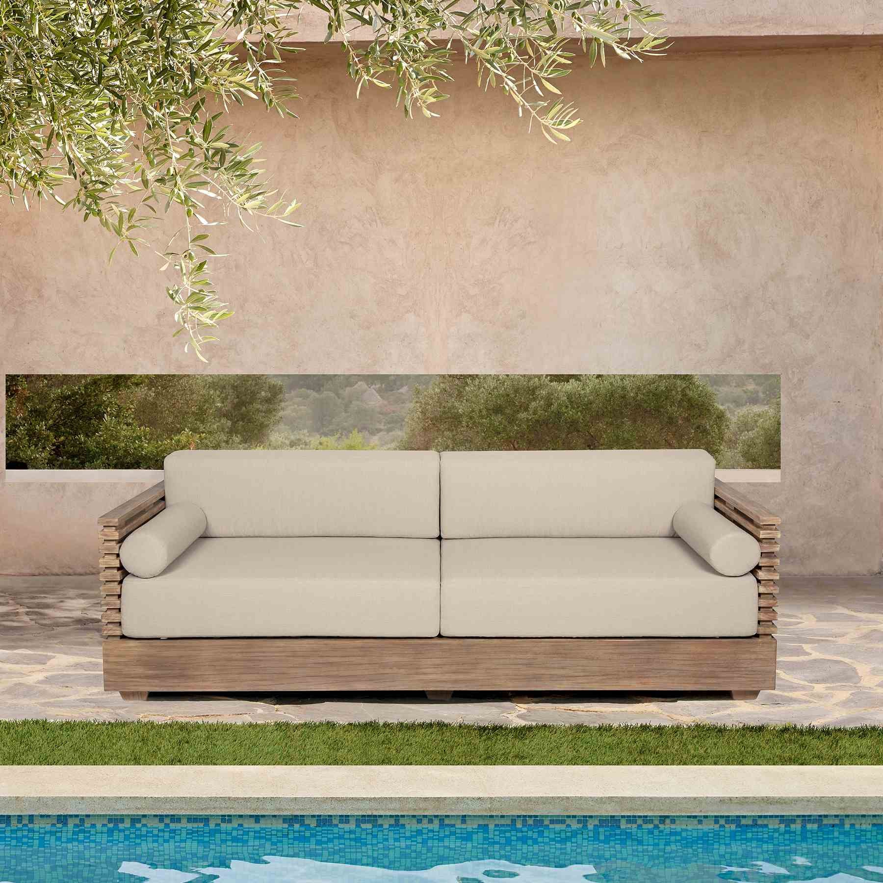 Vivid Outdoor Patio Sofa in Light Eucalyptus Wood with Taupe Olefin Cushions - Image 10