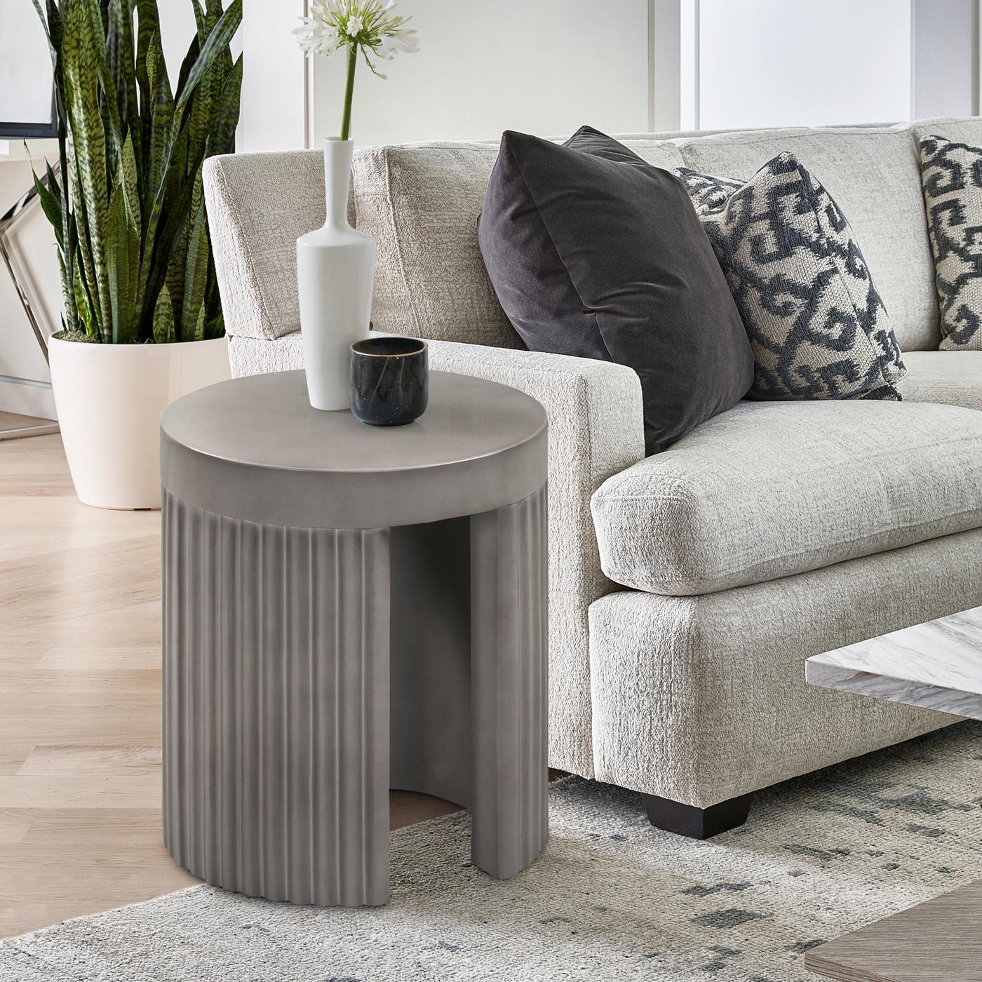 Wave Round Indoor or Outdoor Accent Stool End Table in Gray Concrete - Image 9