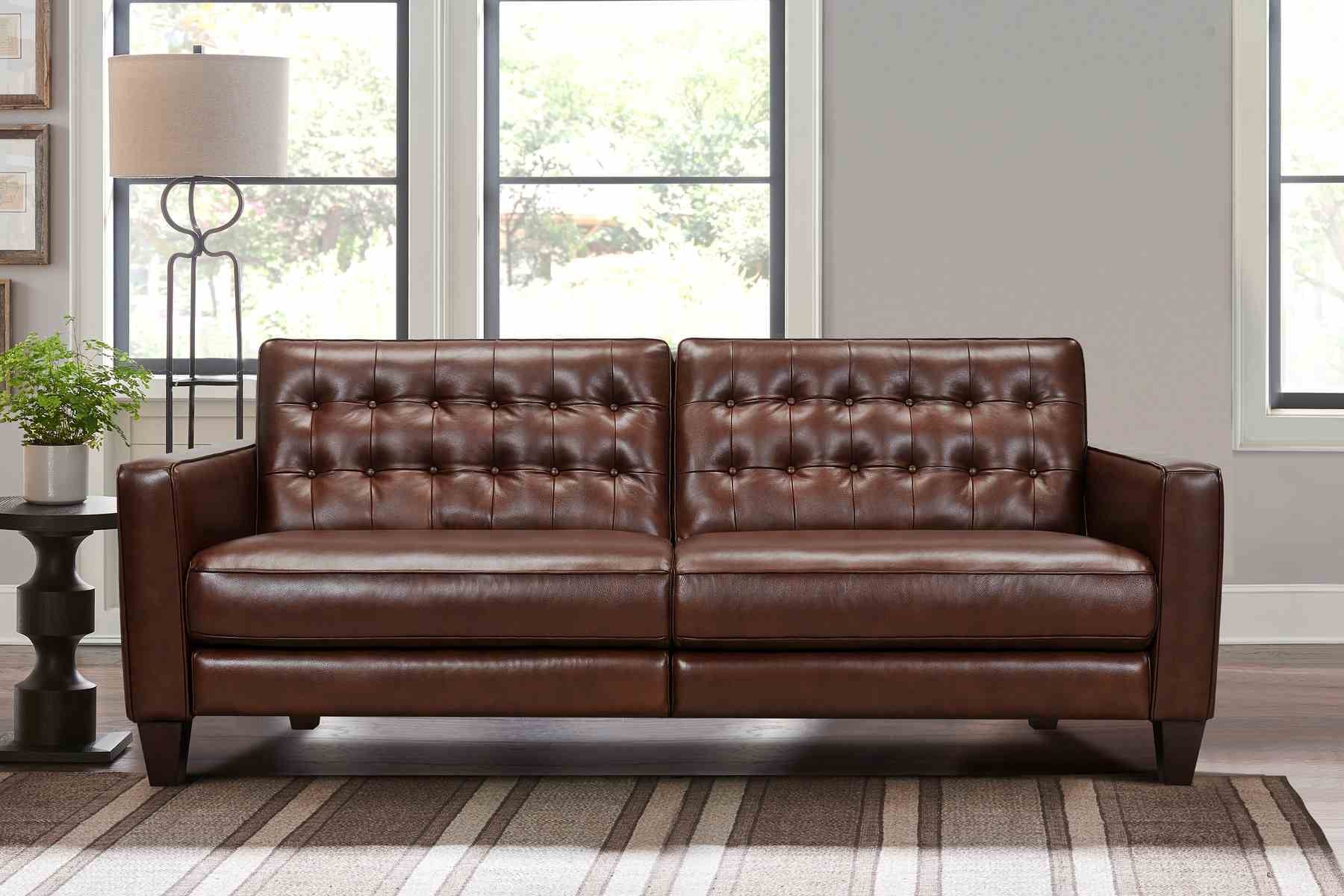 Wesley 81" Chestnut Genuine Leather Power Footrest Tuxedo Arm Sofa - Image 7
