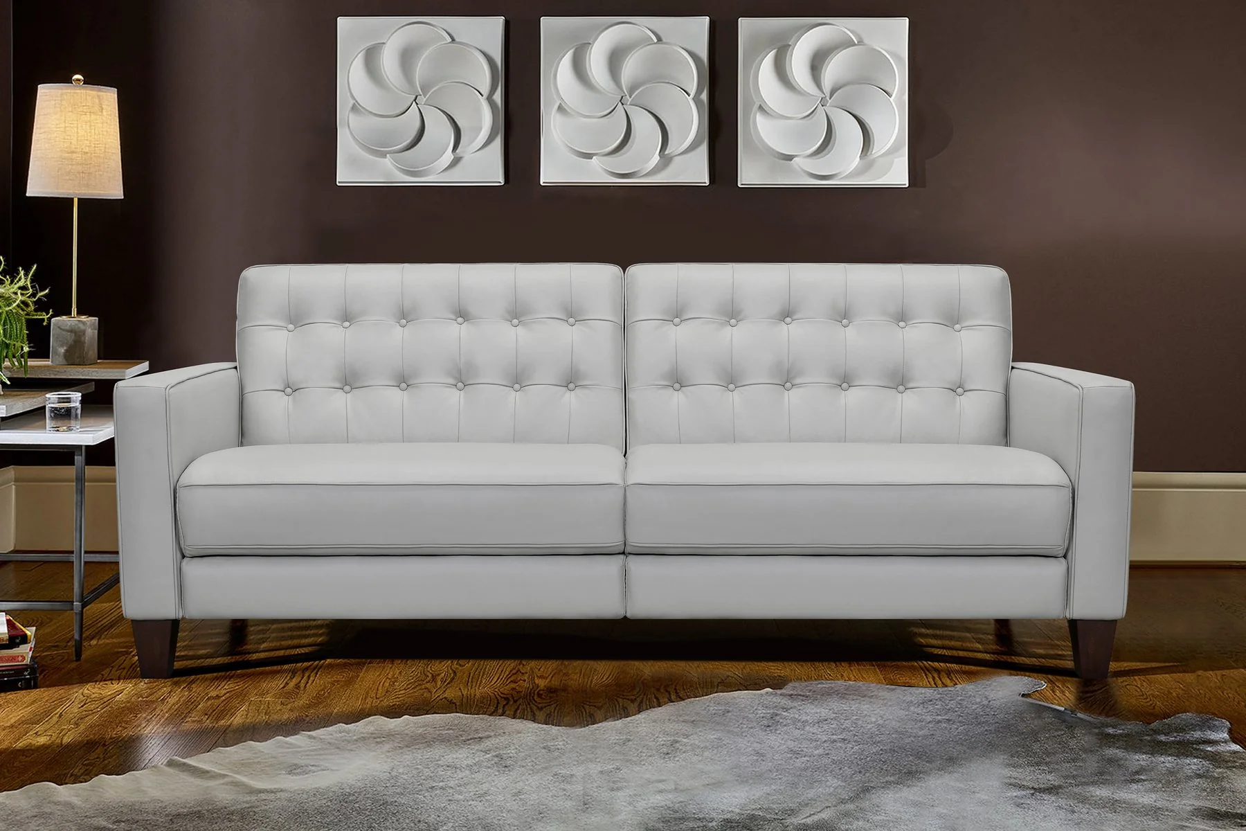 Wesley 81" Dove Gray Genuine Leather Power Footrest Tuxedo Arm Sofa - Image 7
