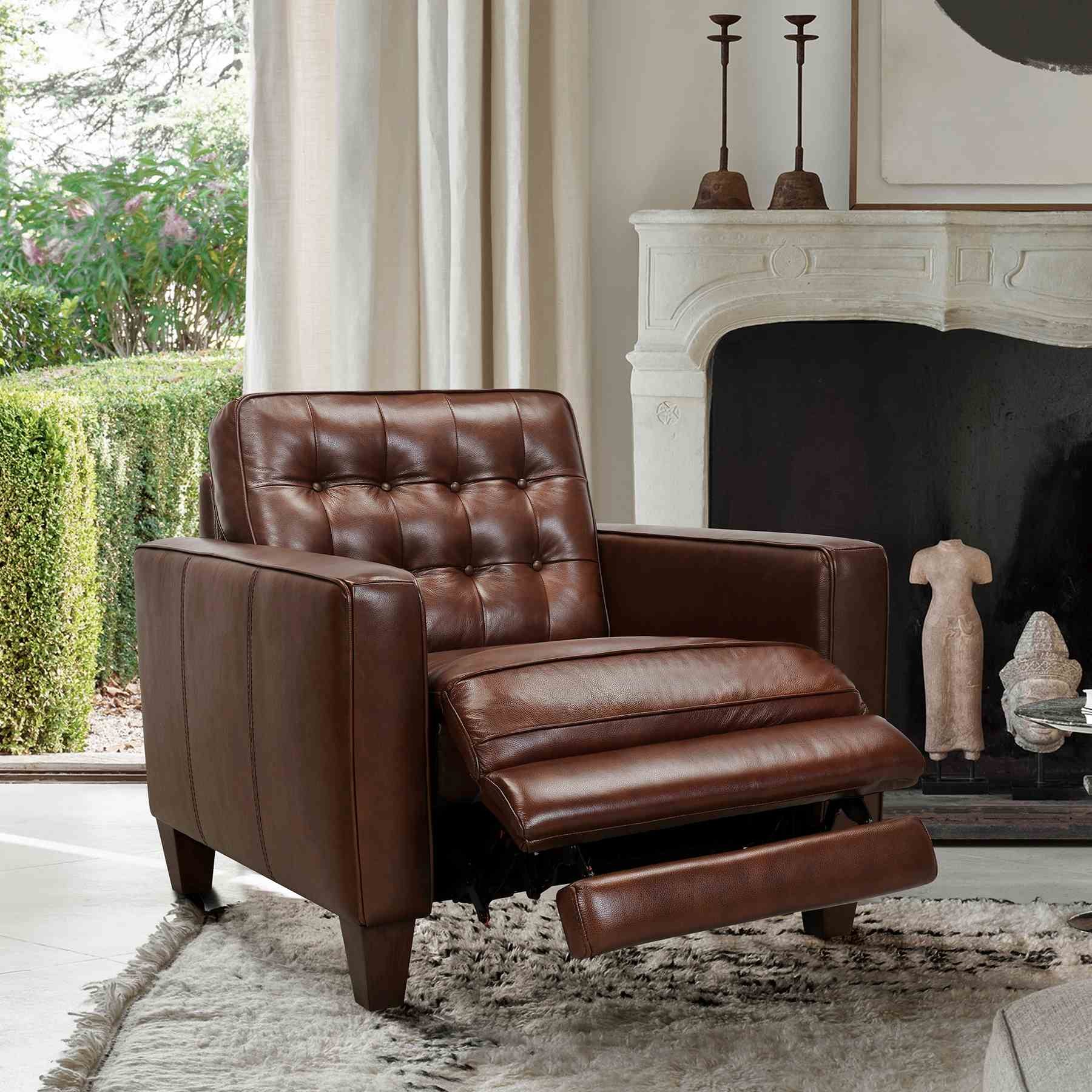 Wesley Chestnut Genuine Leather Power Footrest Tuxedo Arm Accent Chair - Image 7