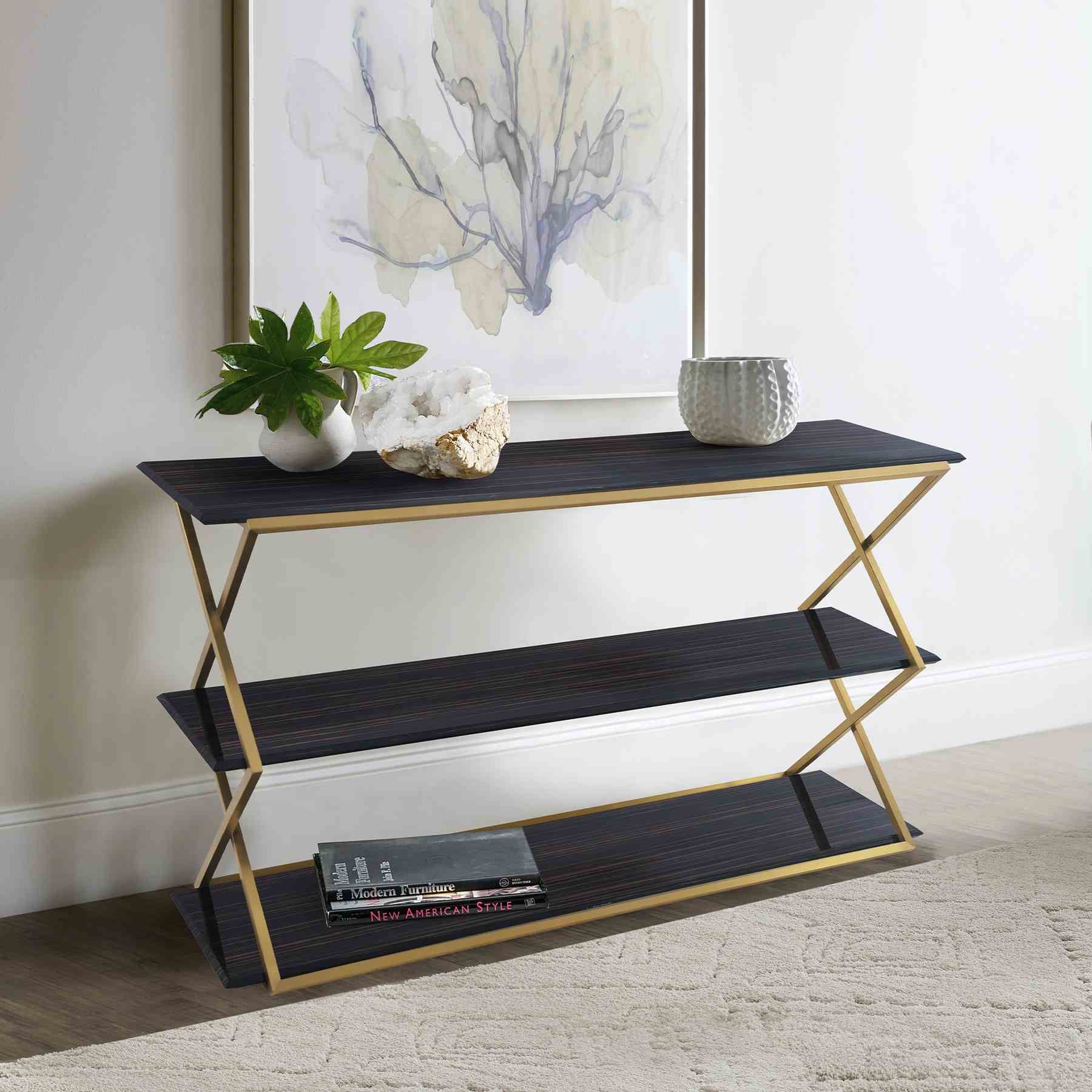 Westlake 3-Tier Dark Brown Console Table with Brushed Gold Legs - Image 6