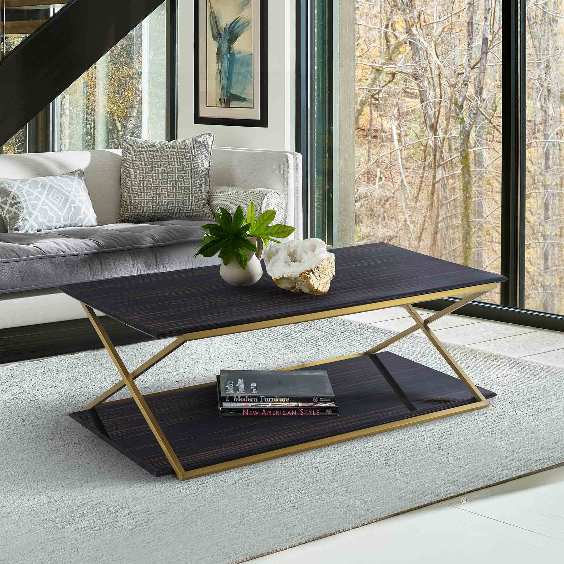 Westlake Dark Brown Veneer Coffee Table with Brushed Gold Legs - Image 5