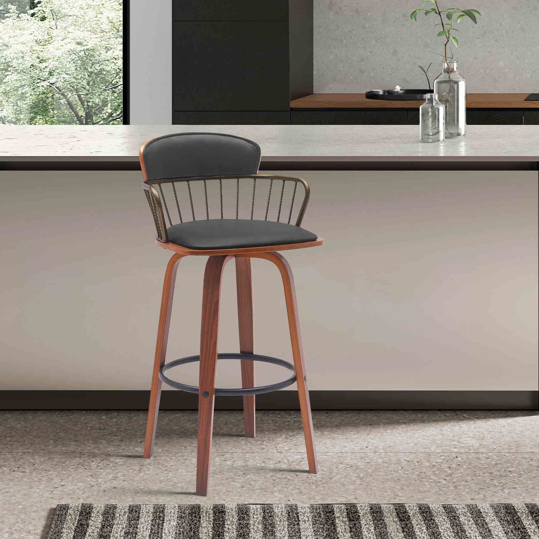 Willow 25.5" Swivel Walnut Wood Counter Stool in Black Faux Leather with Golden Bronze Metal - Image 10