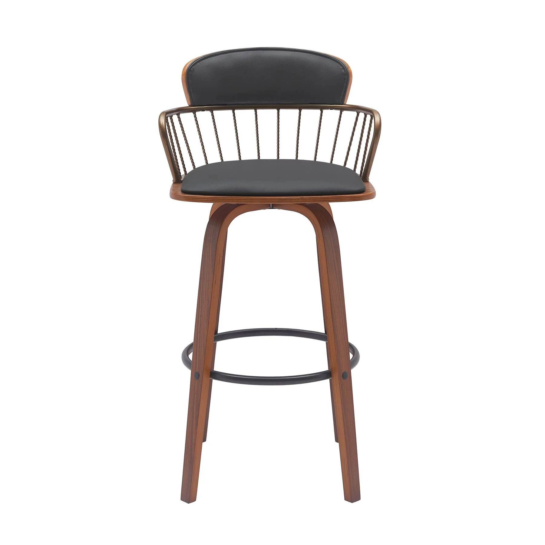 Willow 25.5" Swivel Walnut Wood Counter Stool in Black Faux Leather with Golden Bronze Metal - Image 2