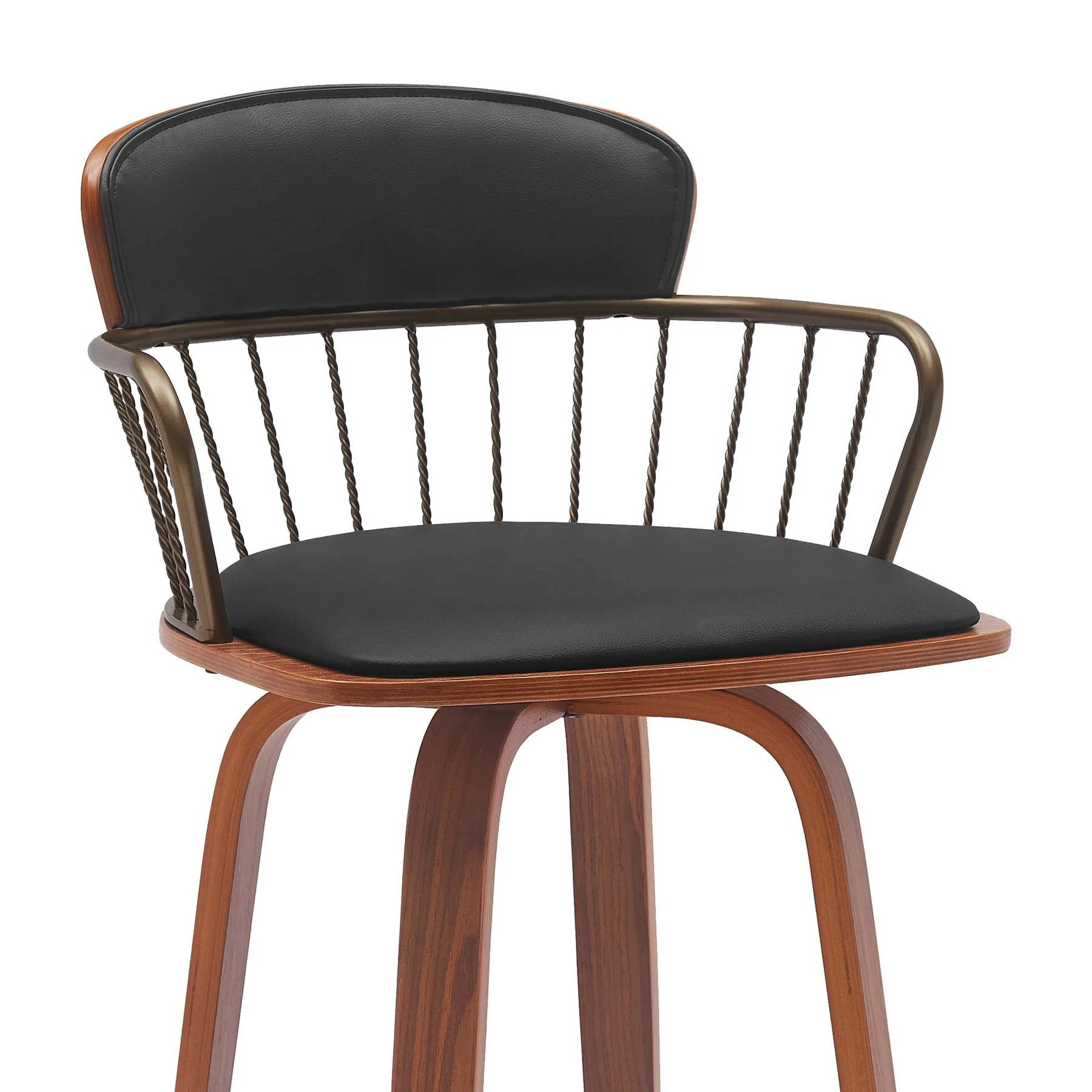 Willow 25.5" Swivel Walnut Wood Counter Stool in Black Faux Leather with Golden Bronze Metal - Image 4