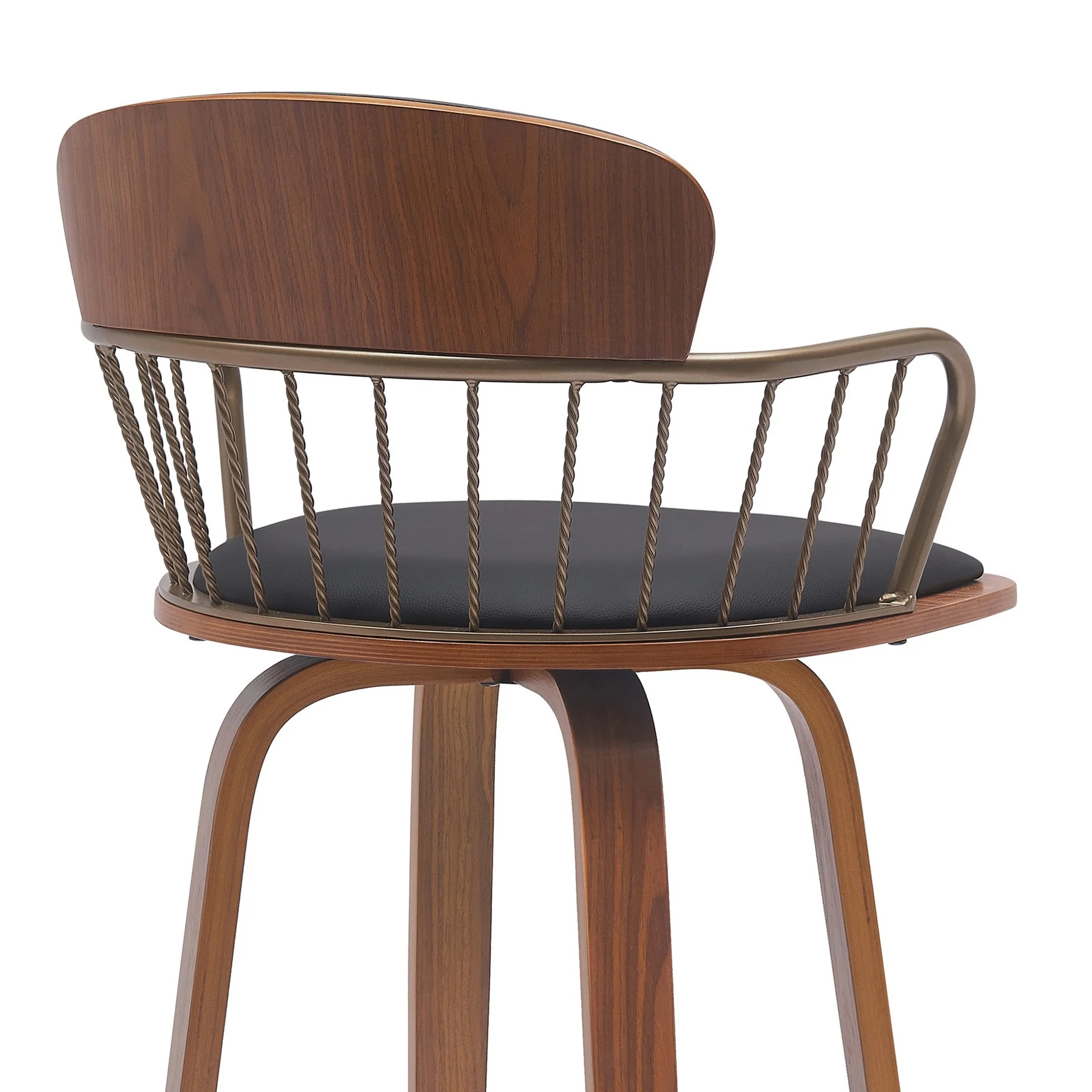 Willow 25.5" Swivel Walnut Wood Counter Stool in Black Faux Leather with Golden Bronze Metal - Image 5
