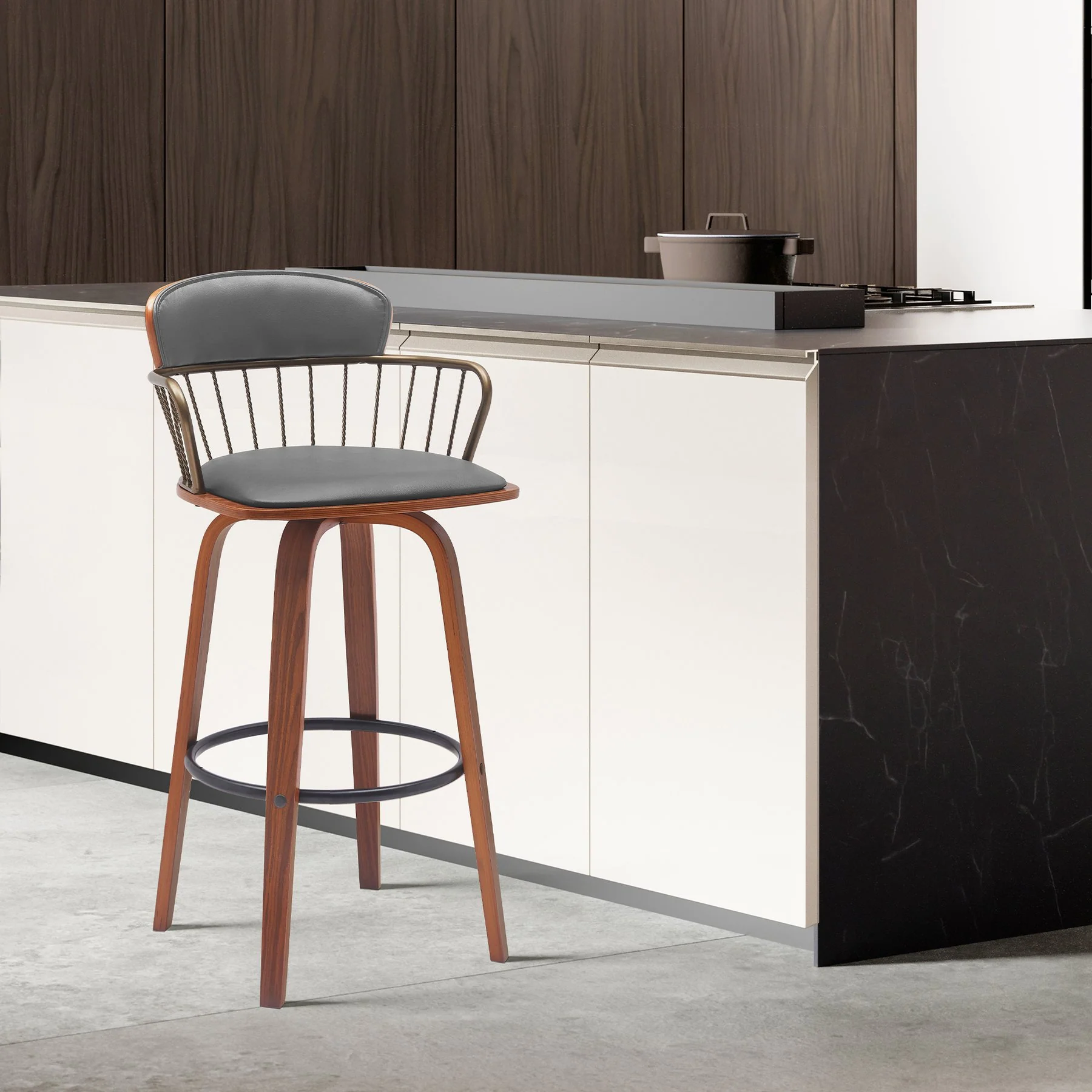 Willow 25.5" Swivel Walnut Wood Counter Stool in Gray Faux Leather with Golden Bronze Metal - Image 10