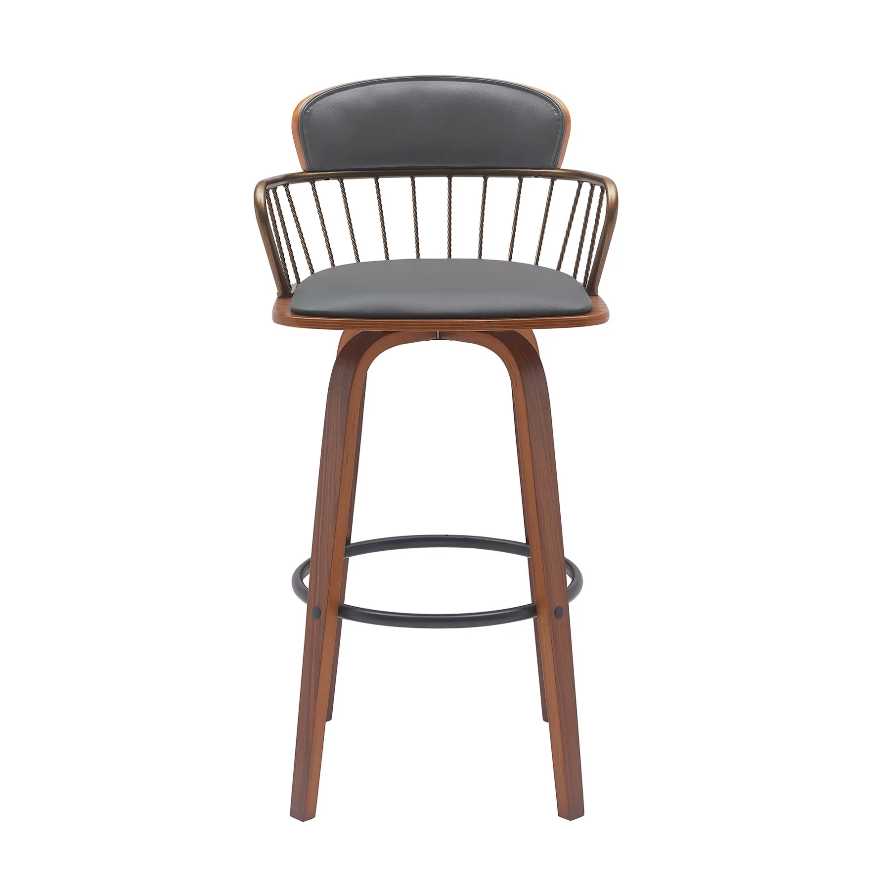 Willow 25.5" Swivel Walnut Wood Counter Stool in Gray Faux Leather with Golden Bronze Metal - Image 2