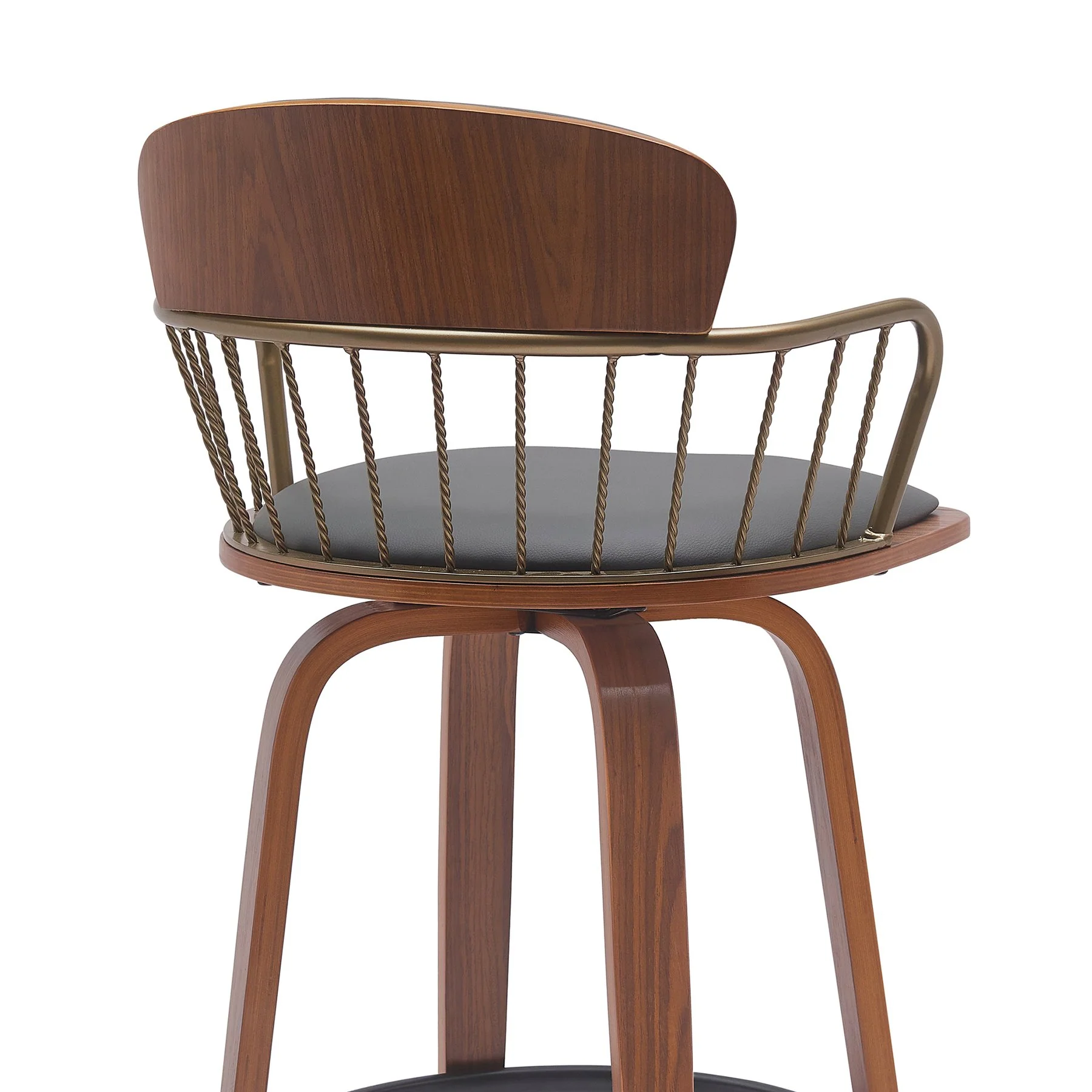 Willow 25.5" Swivel Walnut Wood Counter Stool in Gray Faux Leather with Golden Bronze Metal - Image 5