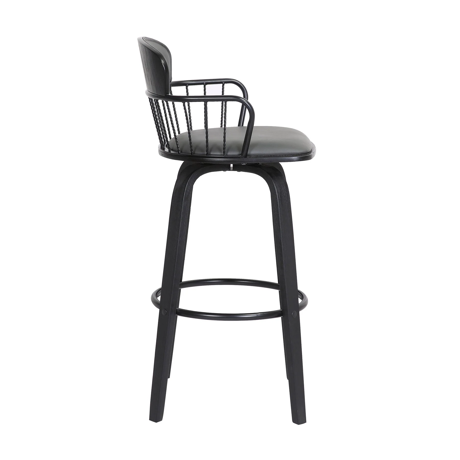 Willow 30" Swivel Black Wood Bar Stool in Gray Faux Leather with Black Metal - Image 3