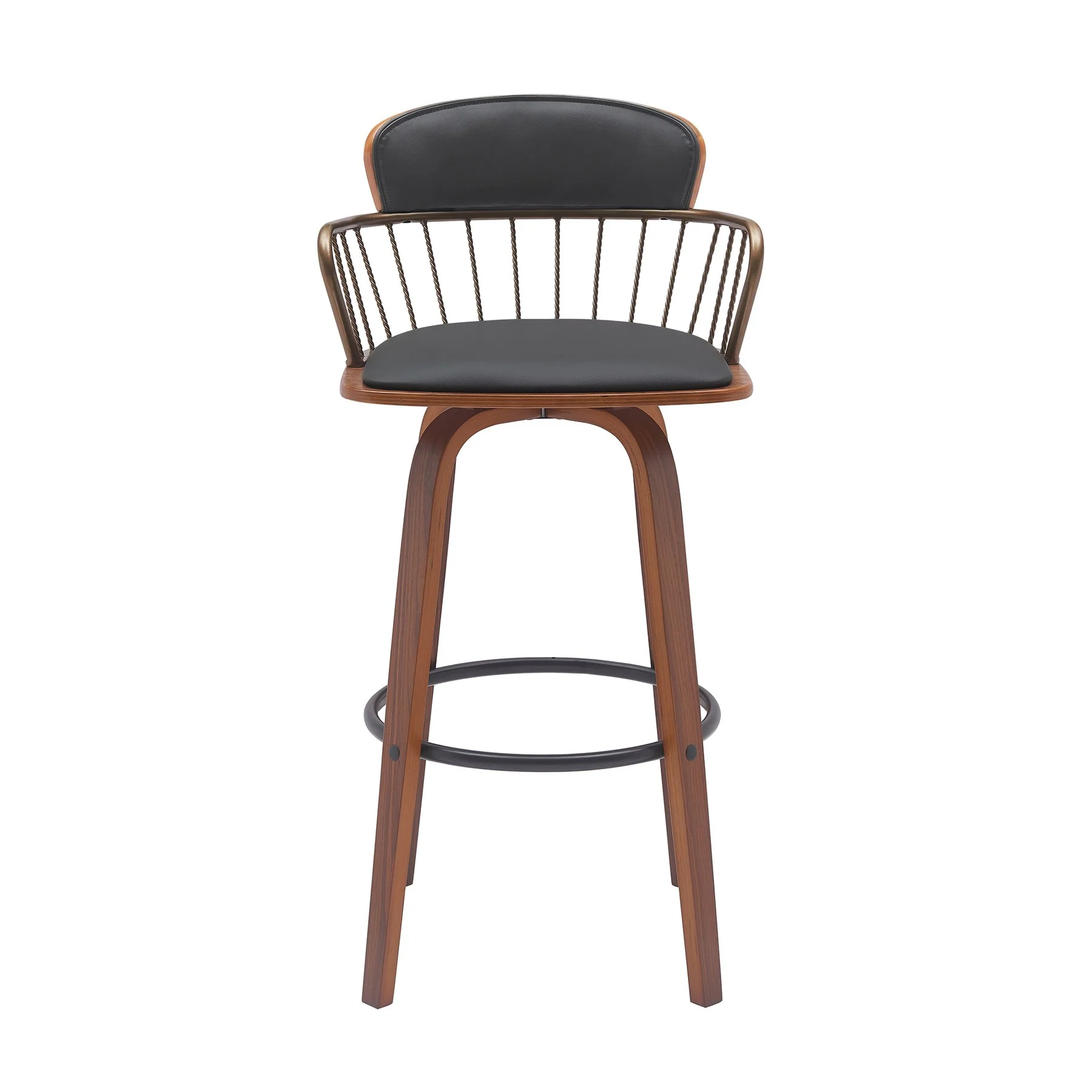 Willow 30" Swivel Walnut Wood Bar Stool in Black Faux Leather with Golden Bronze Metal - Image 2