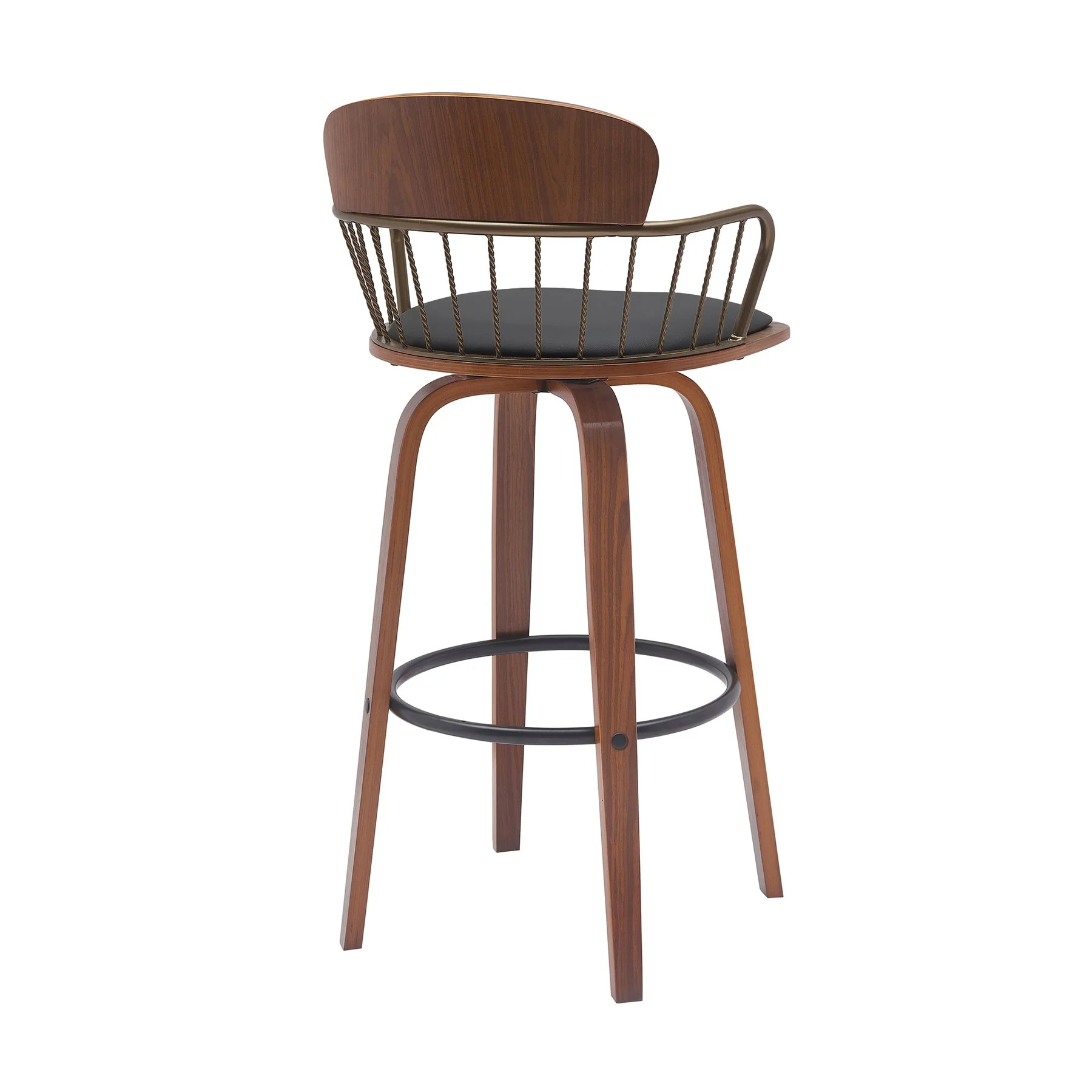 Willow 30" Swivel Walnut Wood Bar Stool in Black Faux Leather with Golden Bronze Metal - Image 3