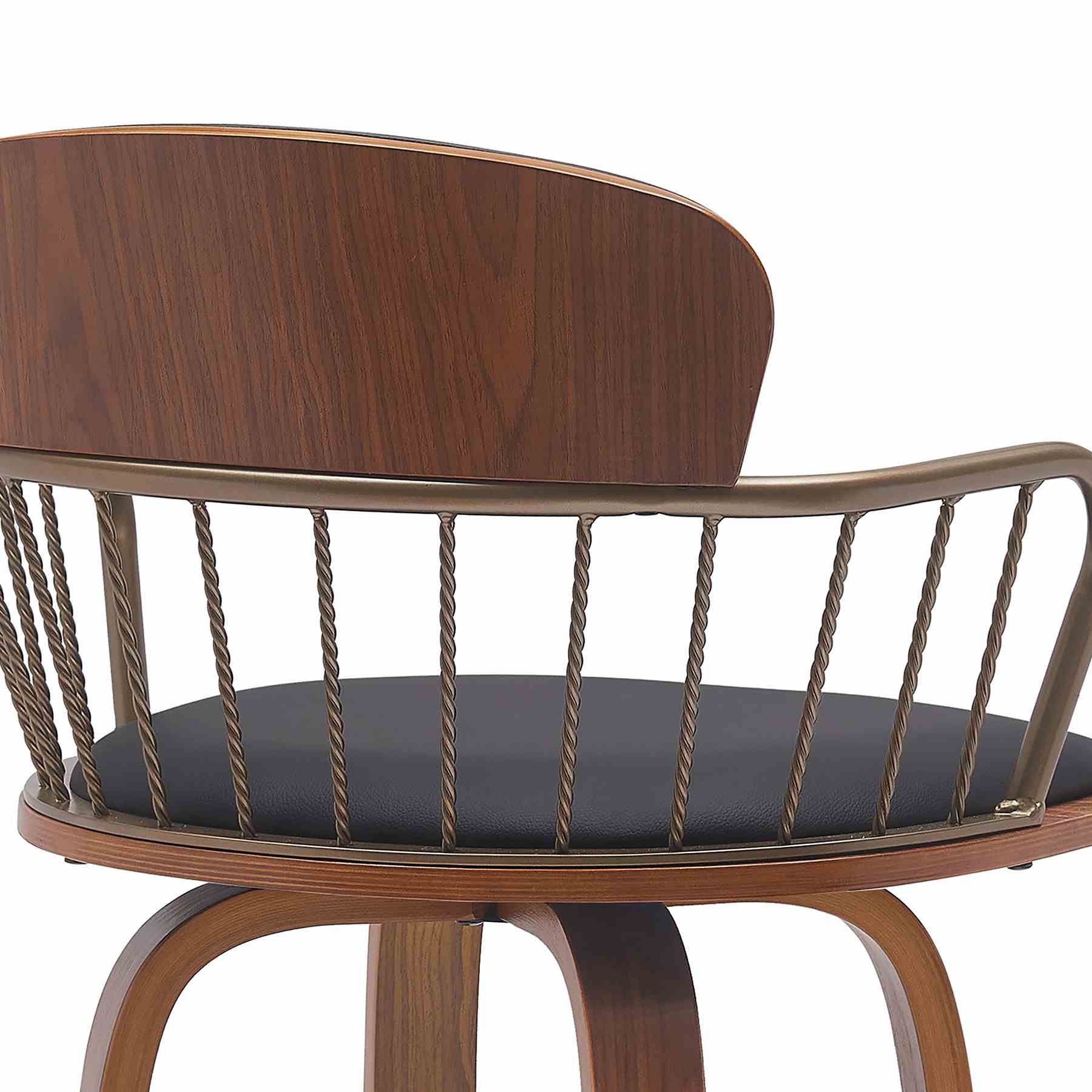 Willow 30" Swivel Walnut Wood Bar Stool in Black Faux Leather with Golden Bronze Metal - Image 6