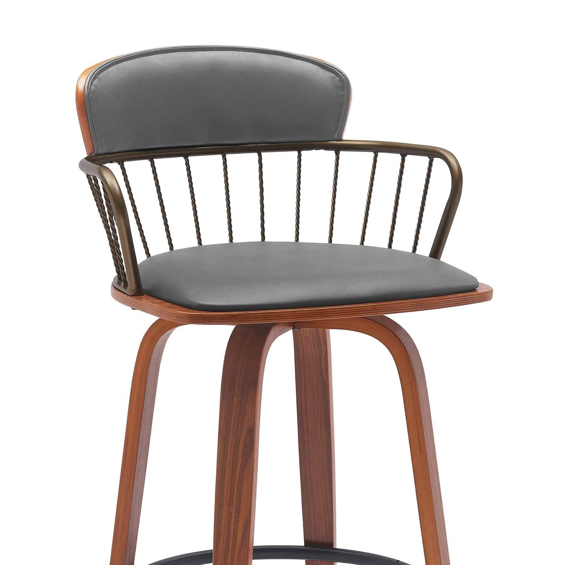 Willow 30" Swivel Walnut Wood Bar Stool in Gray Faux Leather with Golden Bronze Metal - Image 4