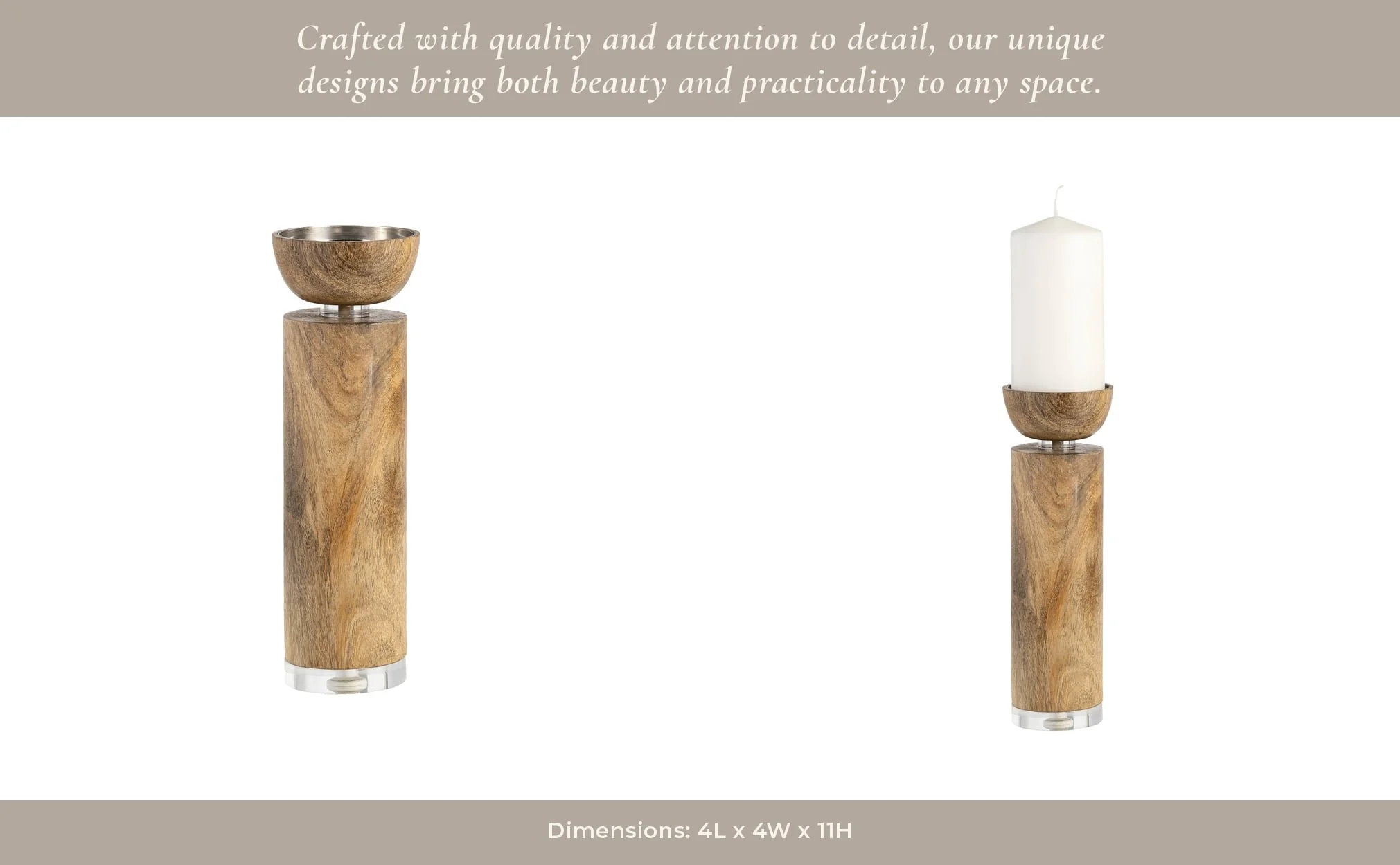 Wood, 11" Acrylic Detail Taper Candleholder, Natur - Image 12