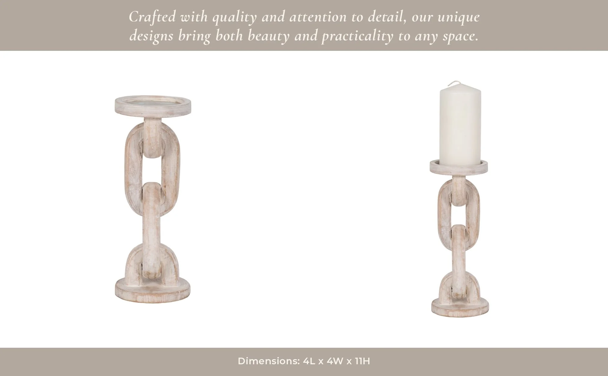 Wood, 11" Chain Pillar Candle Holder, White - Image 13