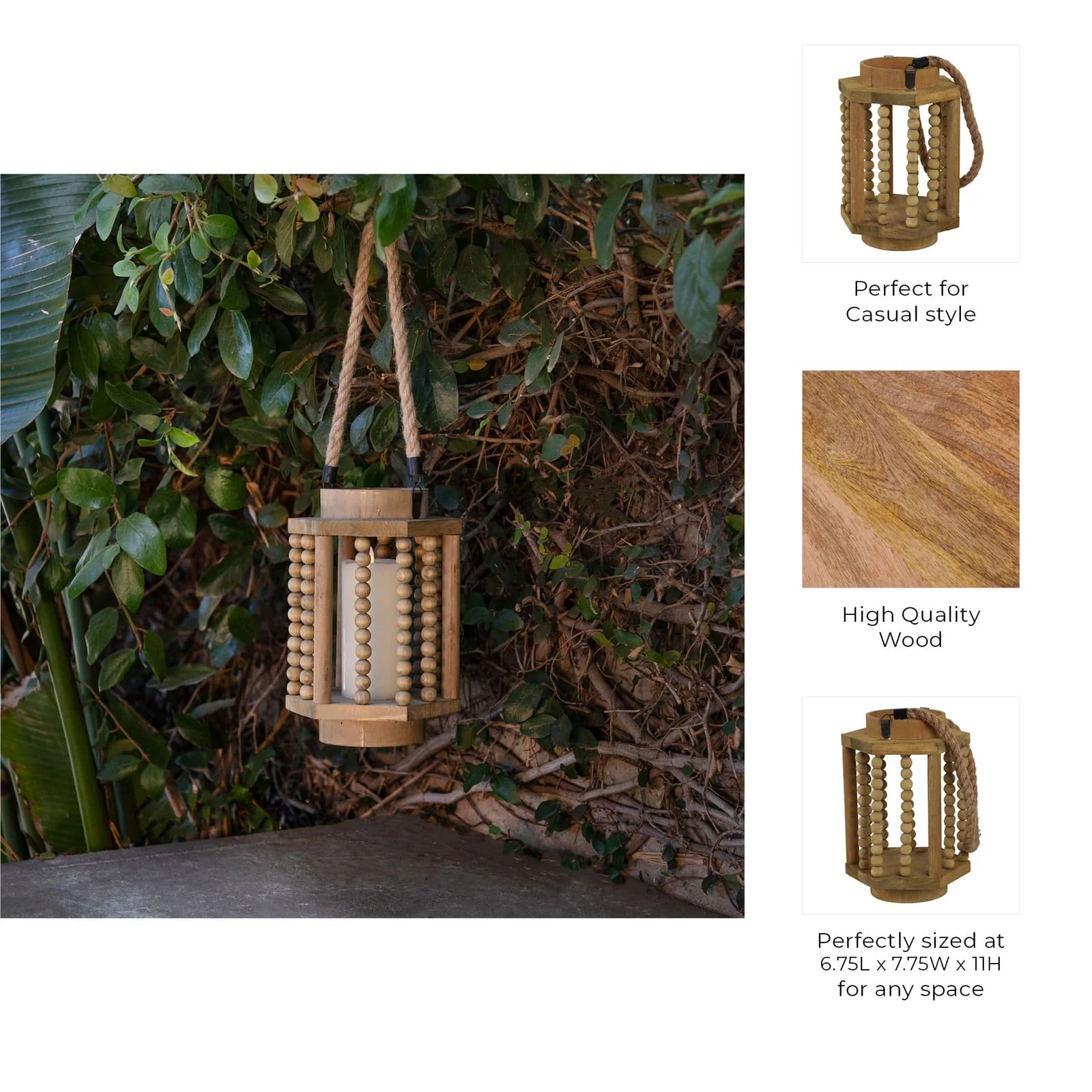 Wood 11" Lantern With Rope Handle, Brown - Image 9