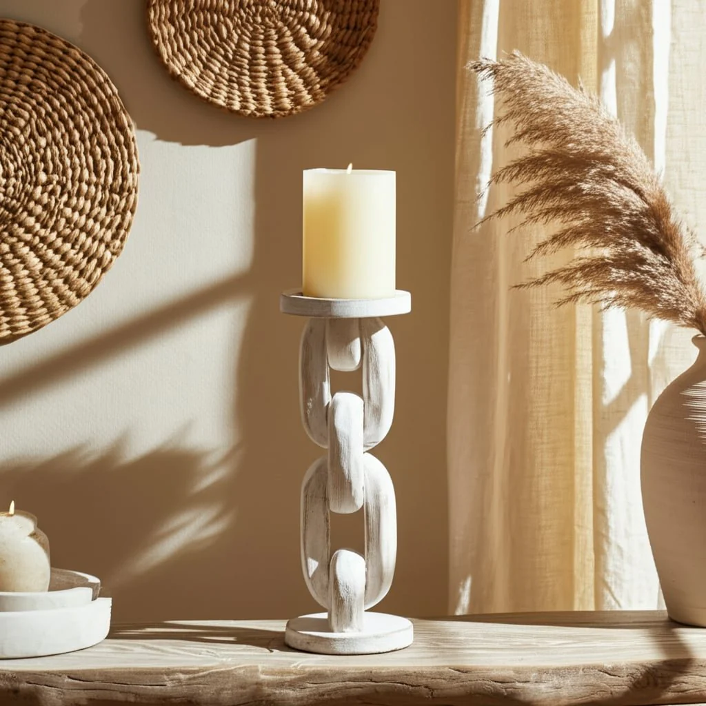 Wood, 14" Chain Pillar Candle Holder, White - Image 11