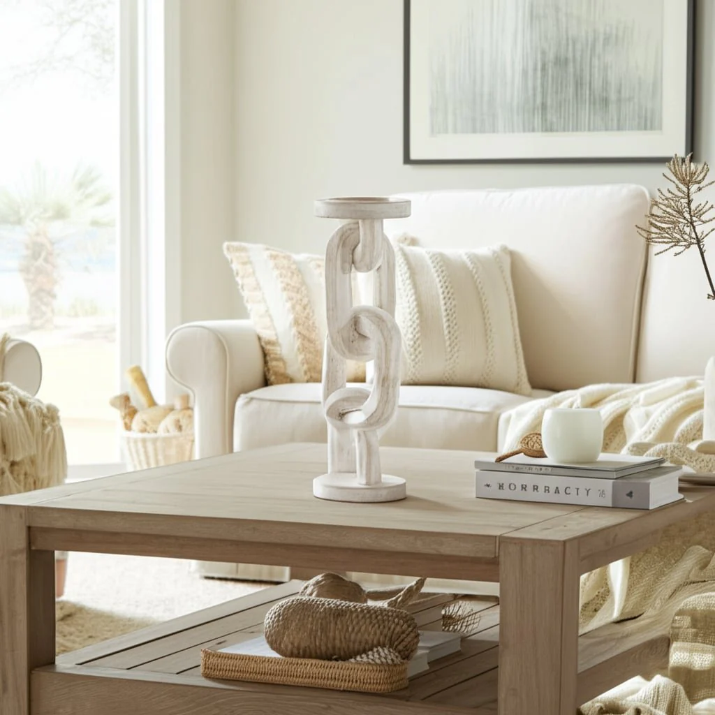 Wood, 14" Chain Pillar Candle Holder, White - Image 12