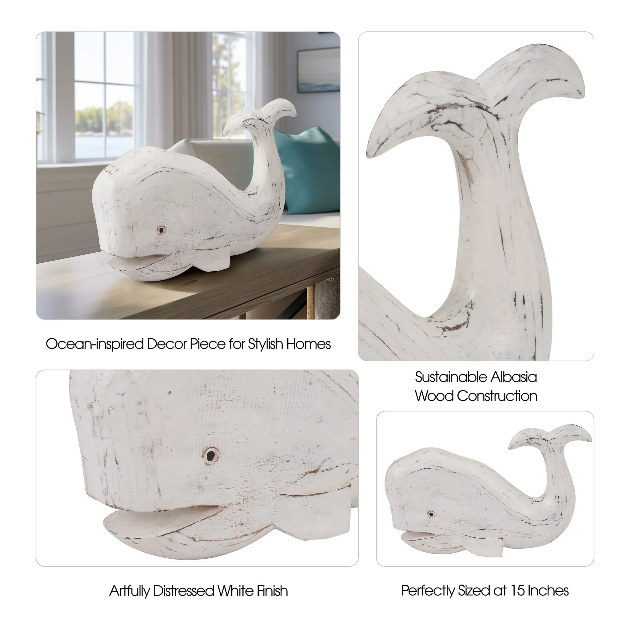 Wood, 15" Tail Up Whale, White - Image 9