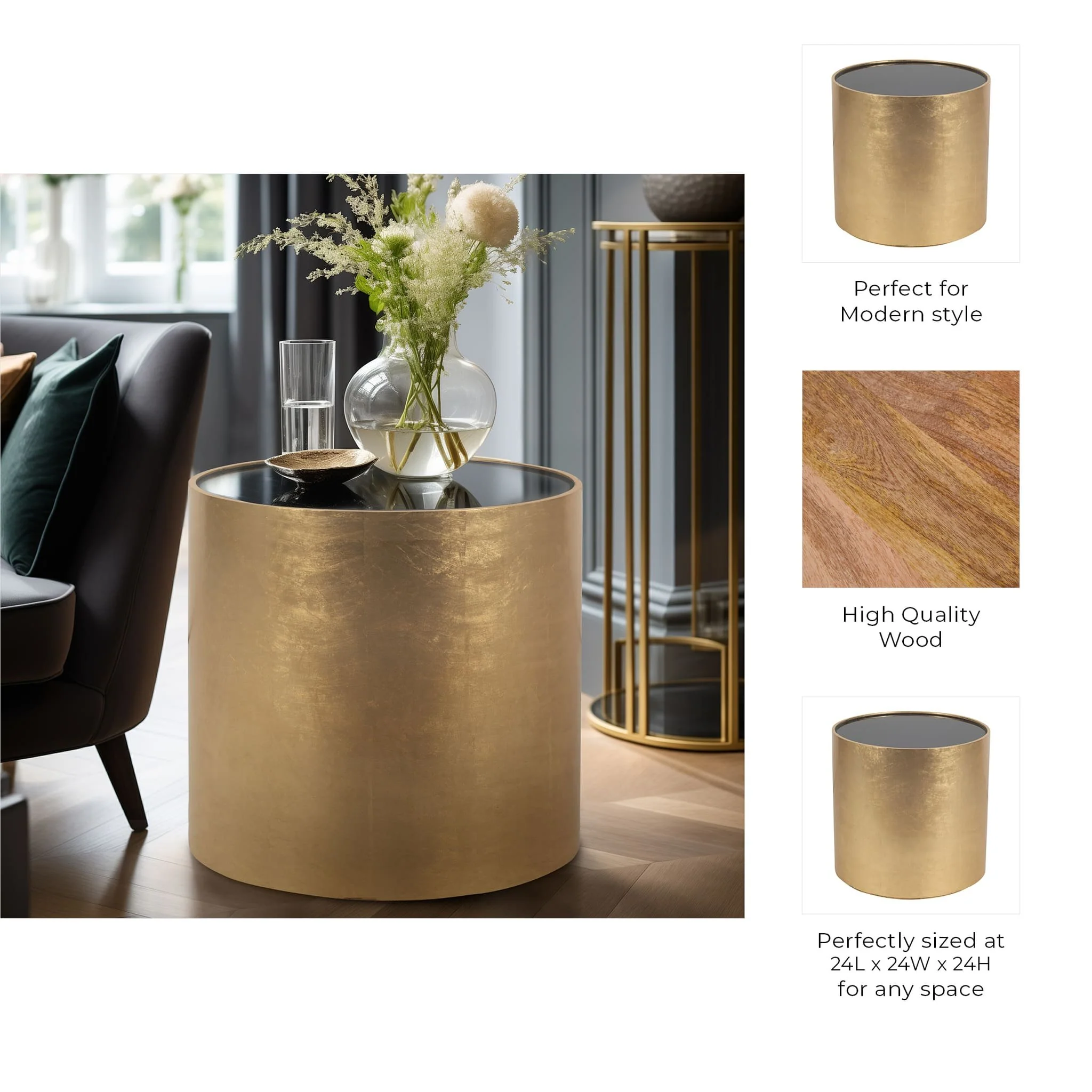 Wood, 24" Gold, Black Glass Side Table - Image 8