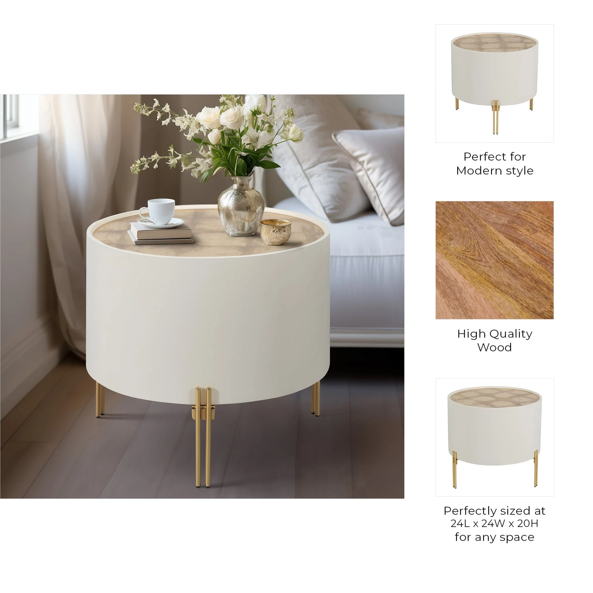 Wood,24" Gold Leaf Top Side Table, Wht/gld - Image 8