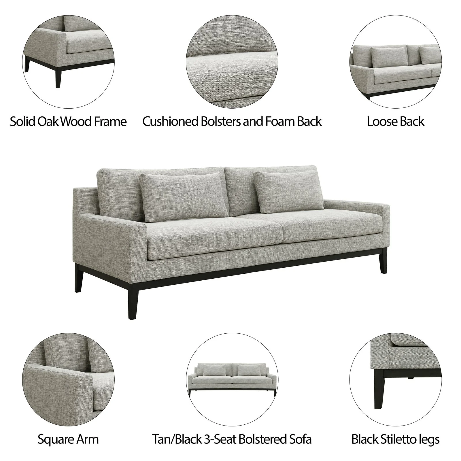 Wood, 3-seater  Bolstered Sofa, Tan/black Kd - Image 5