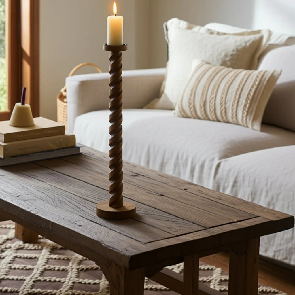 Wood, 30" Spiral Floor Pillar Candleholder, Natura - Image 10