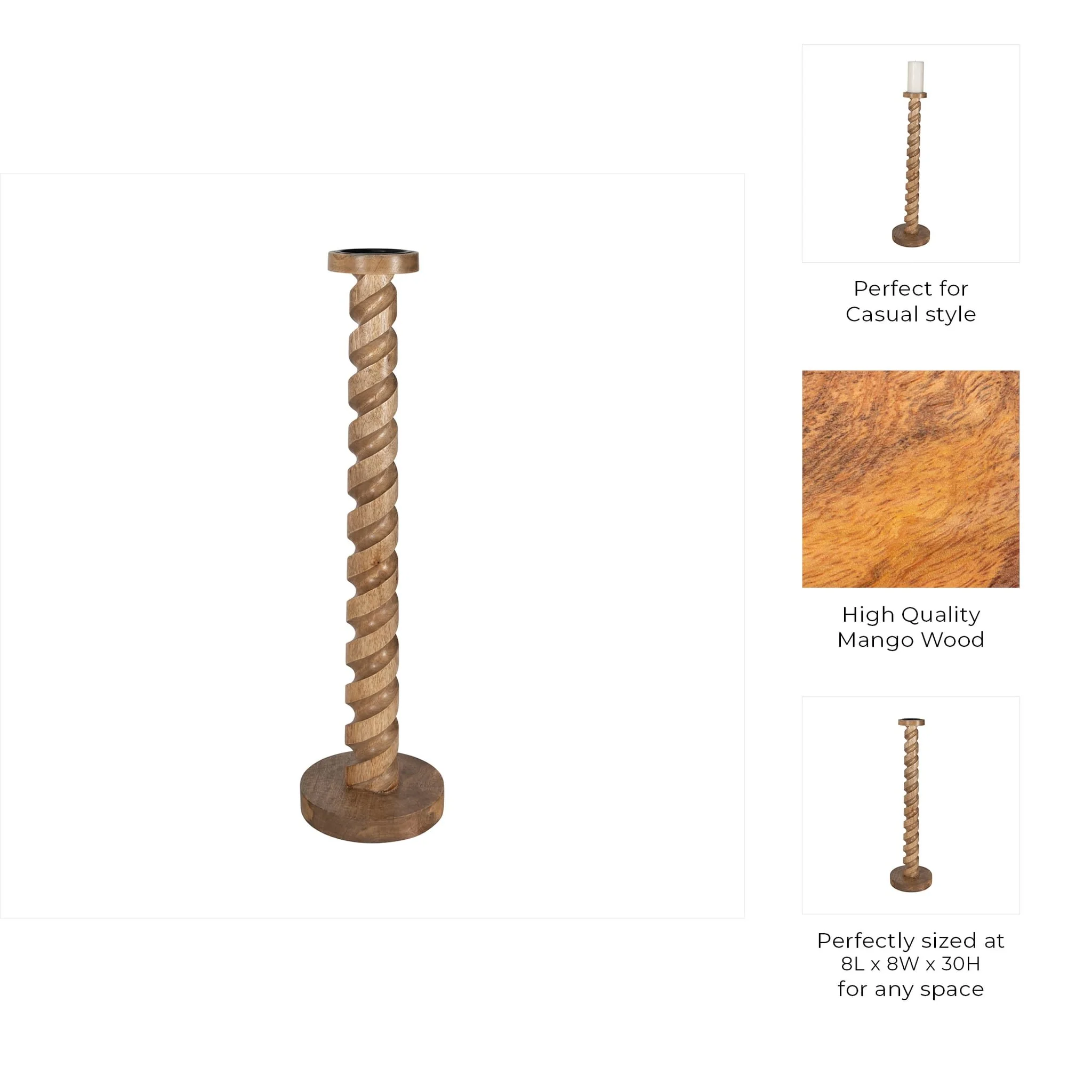 Wood, 30" Spiral Floor Pillar Candleholder, Natura - Image 8
