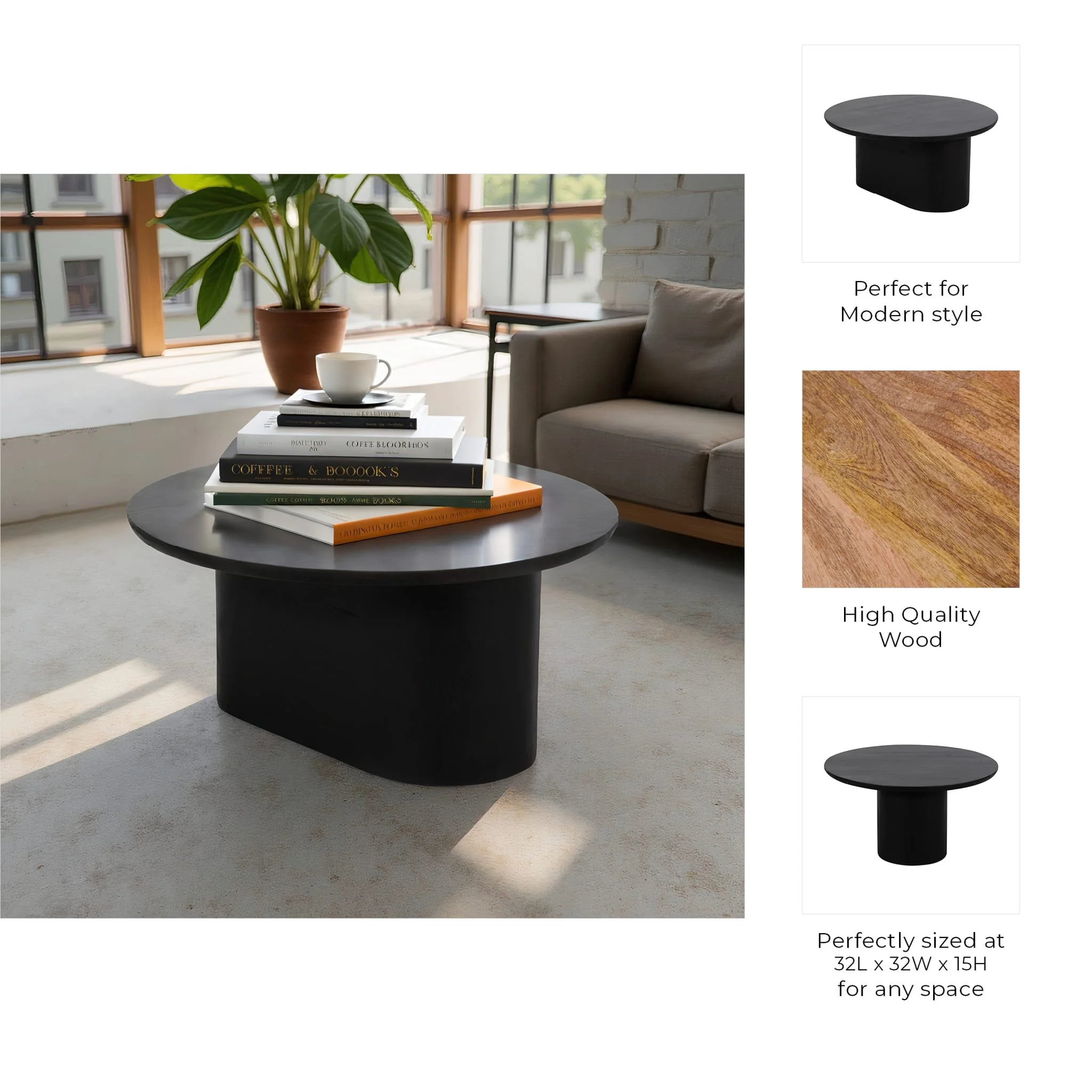 Wood, 32" Minimalist Coffee Table, Black - Image 8