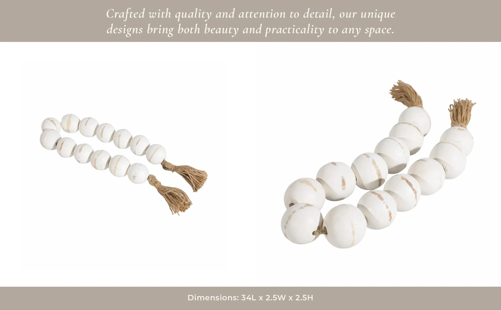 Wood, 32"l, 2"lrg Bead Garland W/ Tassel, Wht Wash - Image 11