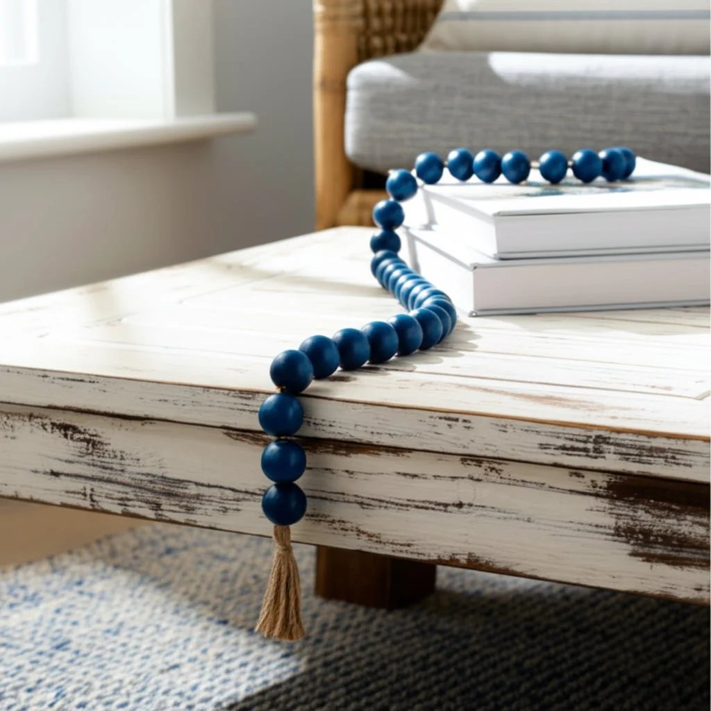 Wood, 32x2 Large Bead Garland W/ Tassel, Teal/blu - Image 10