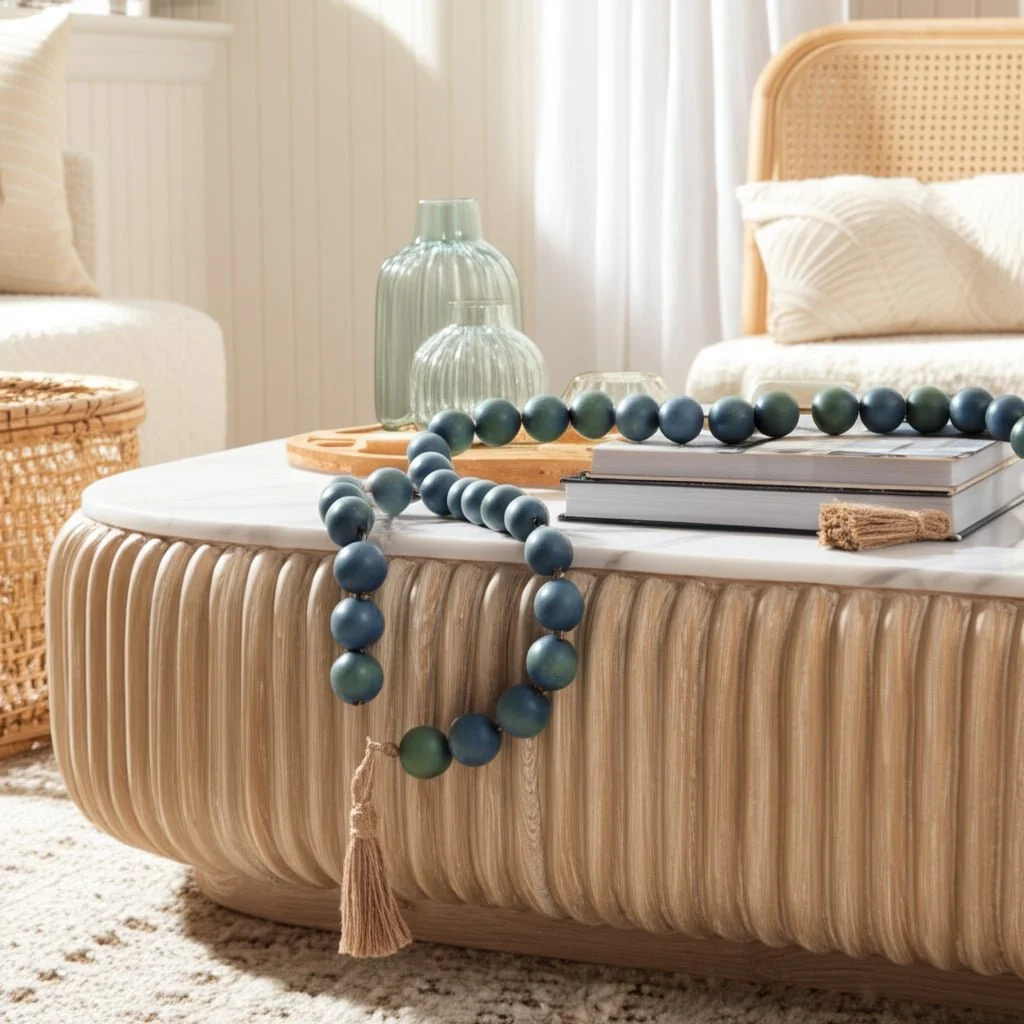 Wood, 32x2 Large Bead Garland W/ Tassel, Teal/blu - Image 11