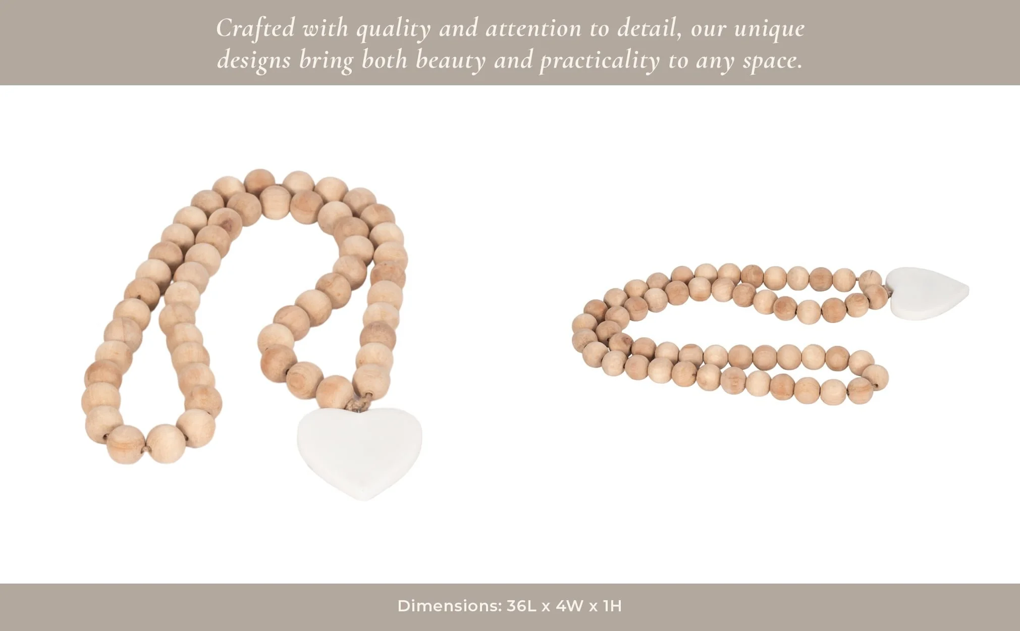 Wood, 36" Large Bead Garland W/ Marble Heart, Natu - Image 12