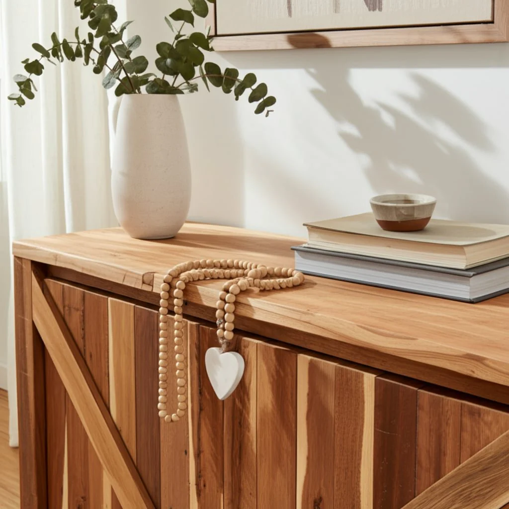 Wood, 36" Small Bead Garland W/ Marble Heart, Natu - Image 9