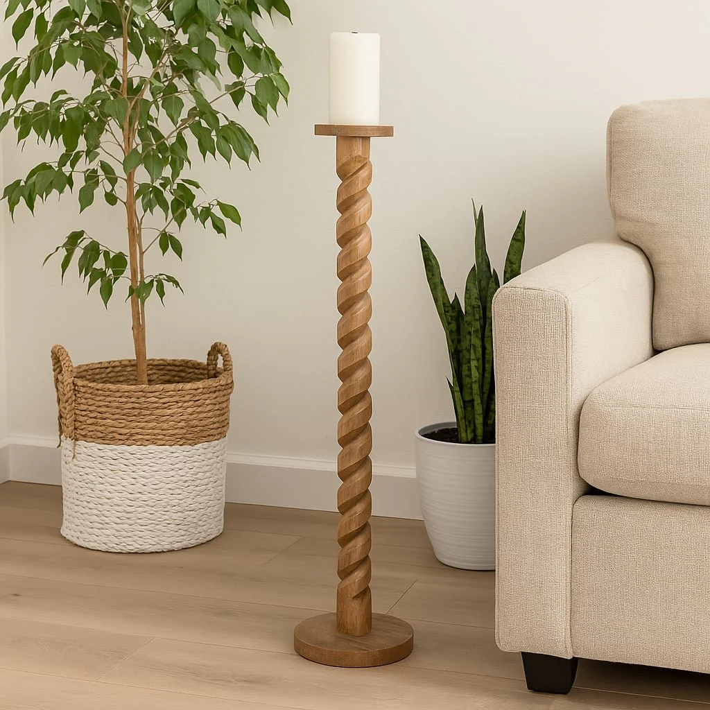 Wood, 36" Spiral Floor Pillar Candleholder, Natura - Image 9