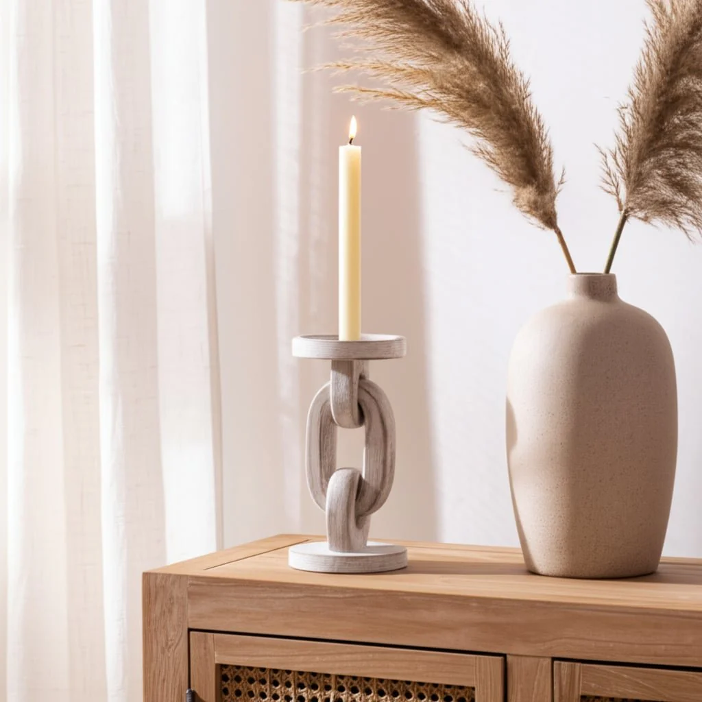 Wood, 8" Chain Pillar Candle Holder, White - Image 12