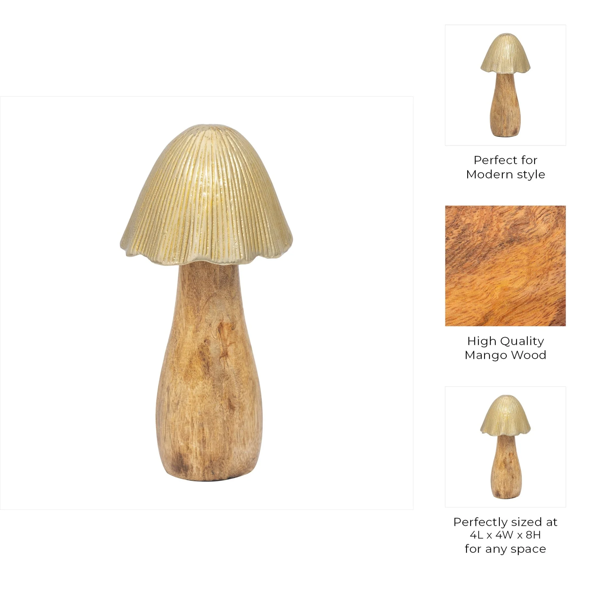 Wood, 8" Mushroom With Metal Top, Gold - Image 7