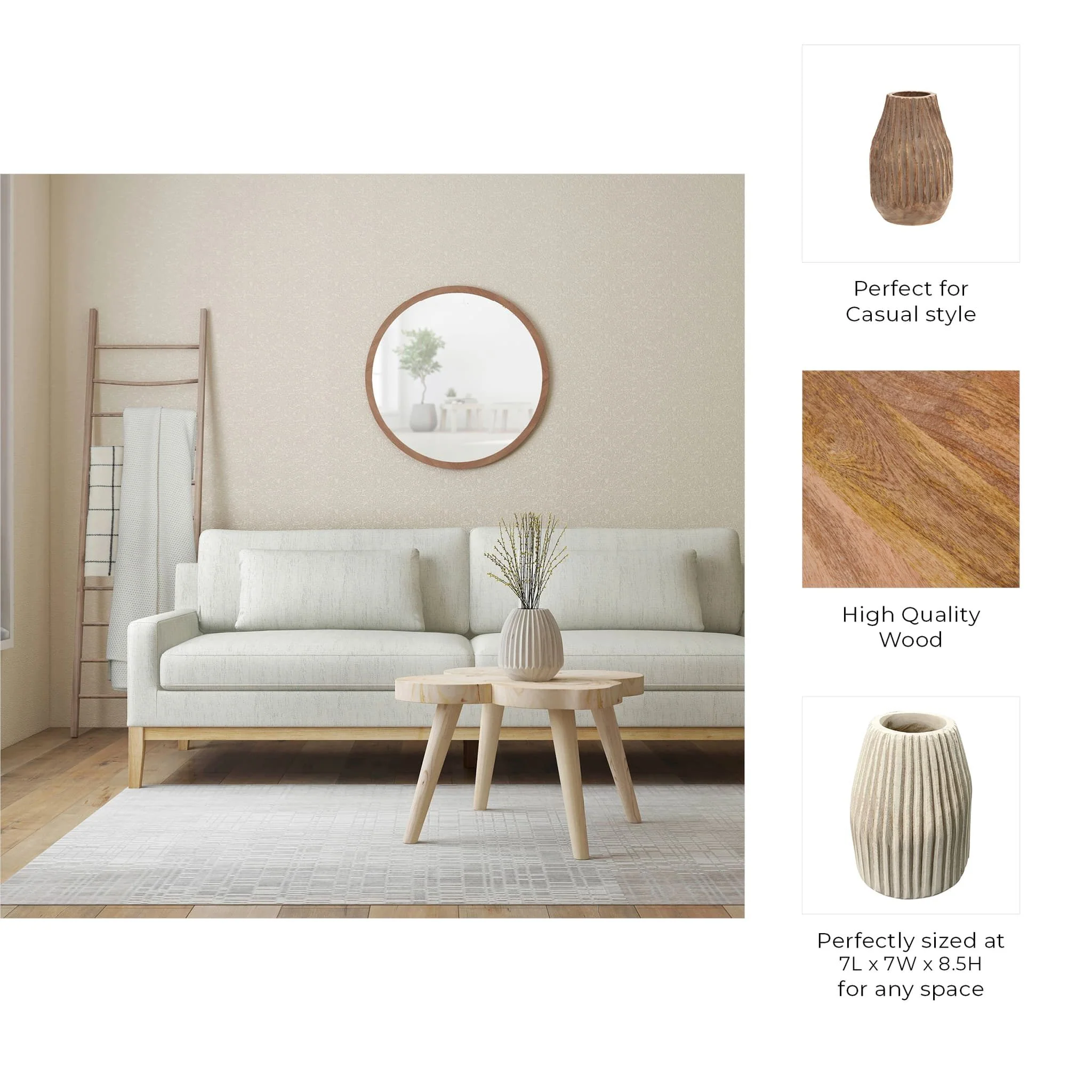 Wood, 8" Ridged Vase, White - Image 4