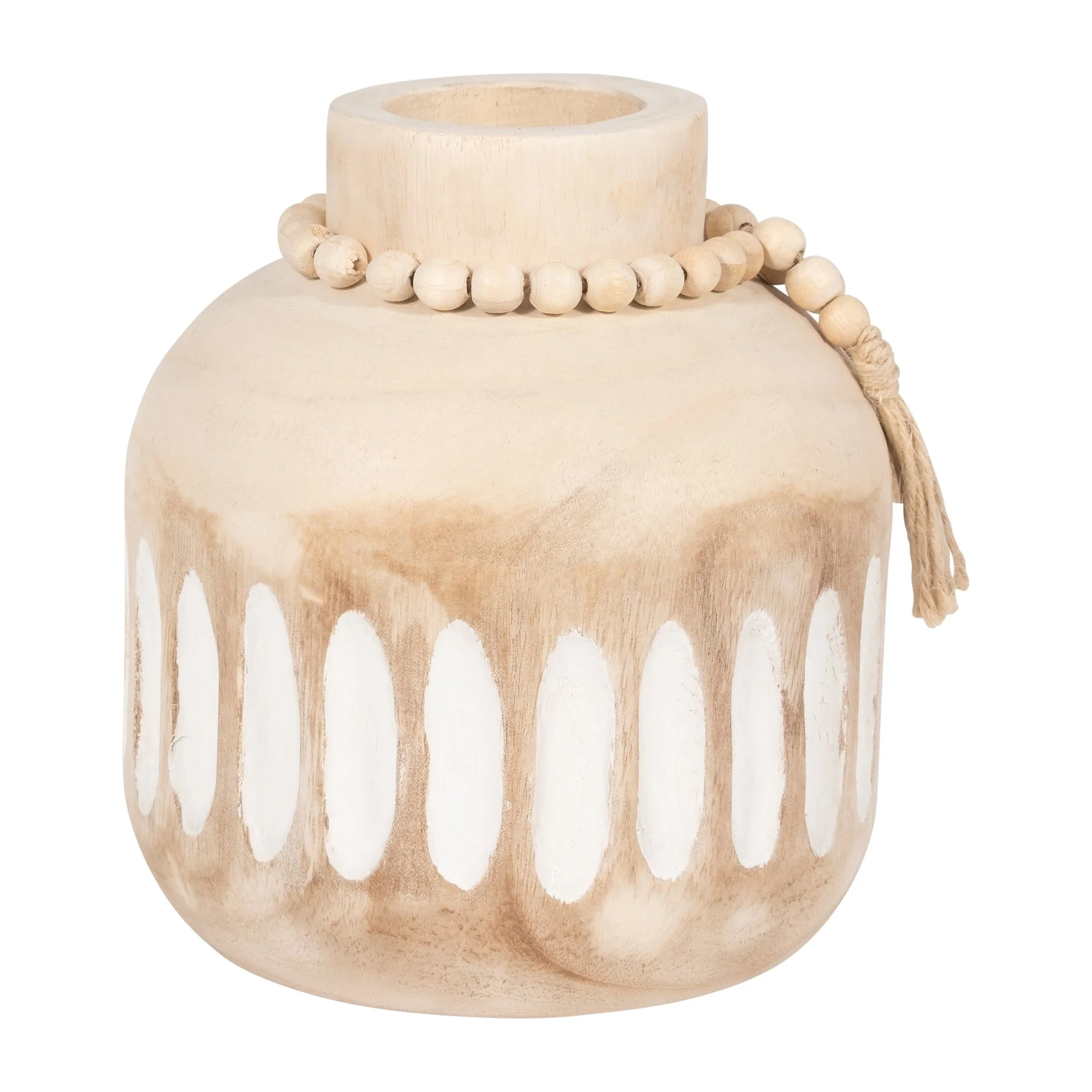 Wood, 8" Round Ridged Vase W/ Tassels, Natural - Image 3