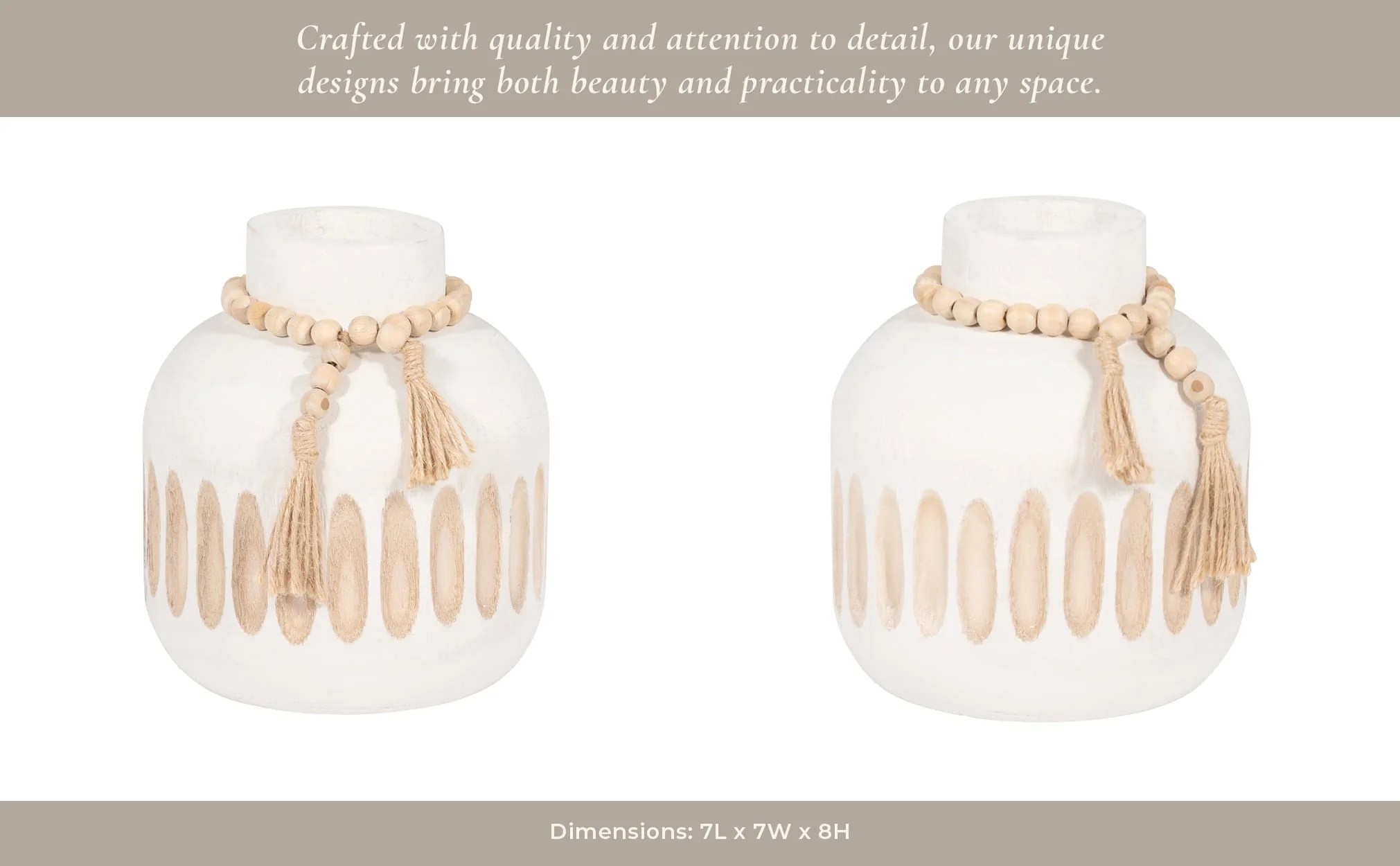 Wood, 8" Round Ridged Vase W/ Tassels, White - Image 14