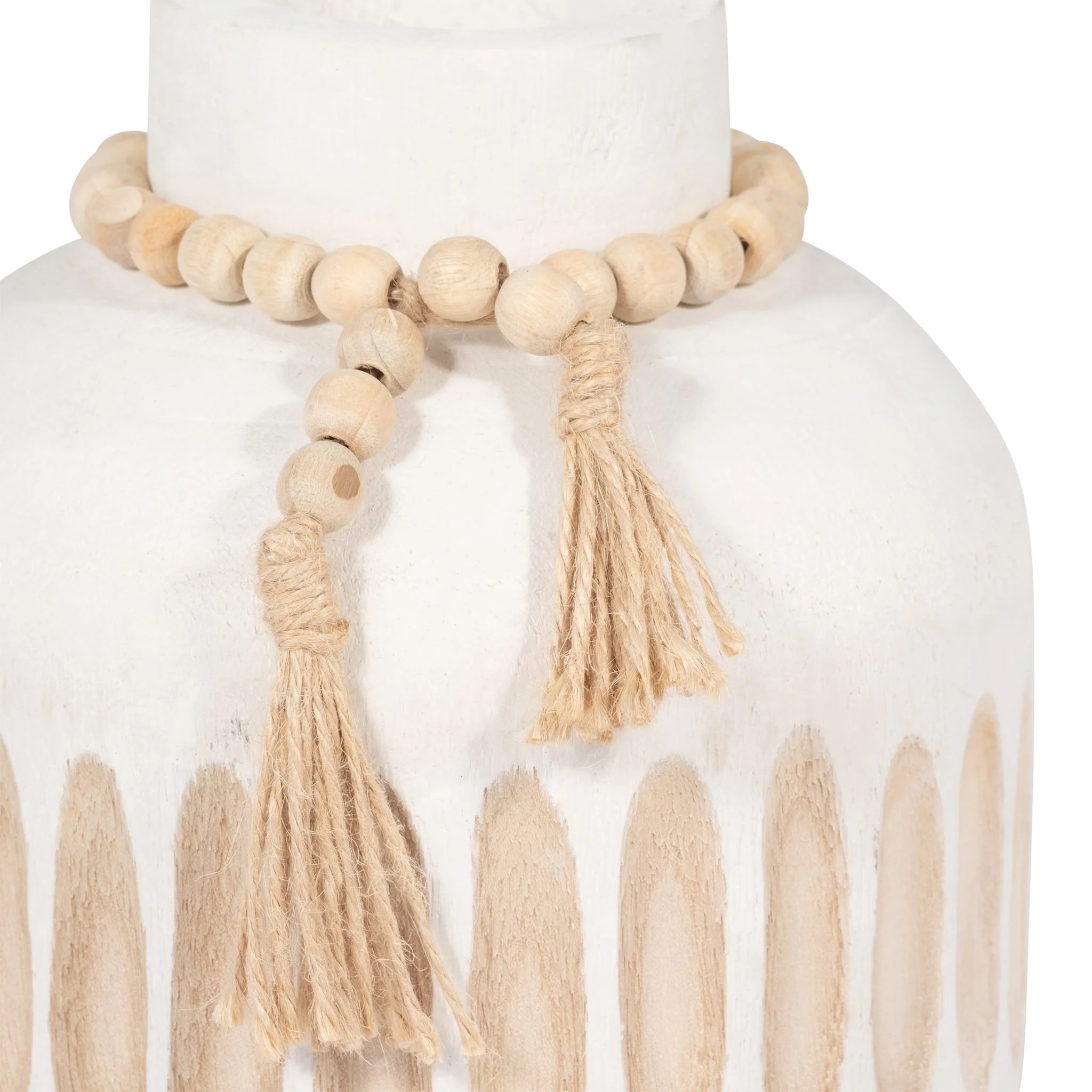Wood, 8" Round Ridged Vase W/ Tassels, White - Image 5