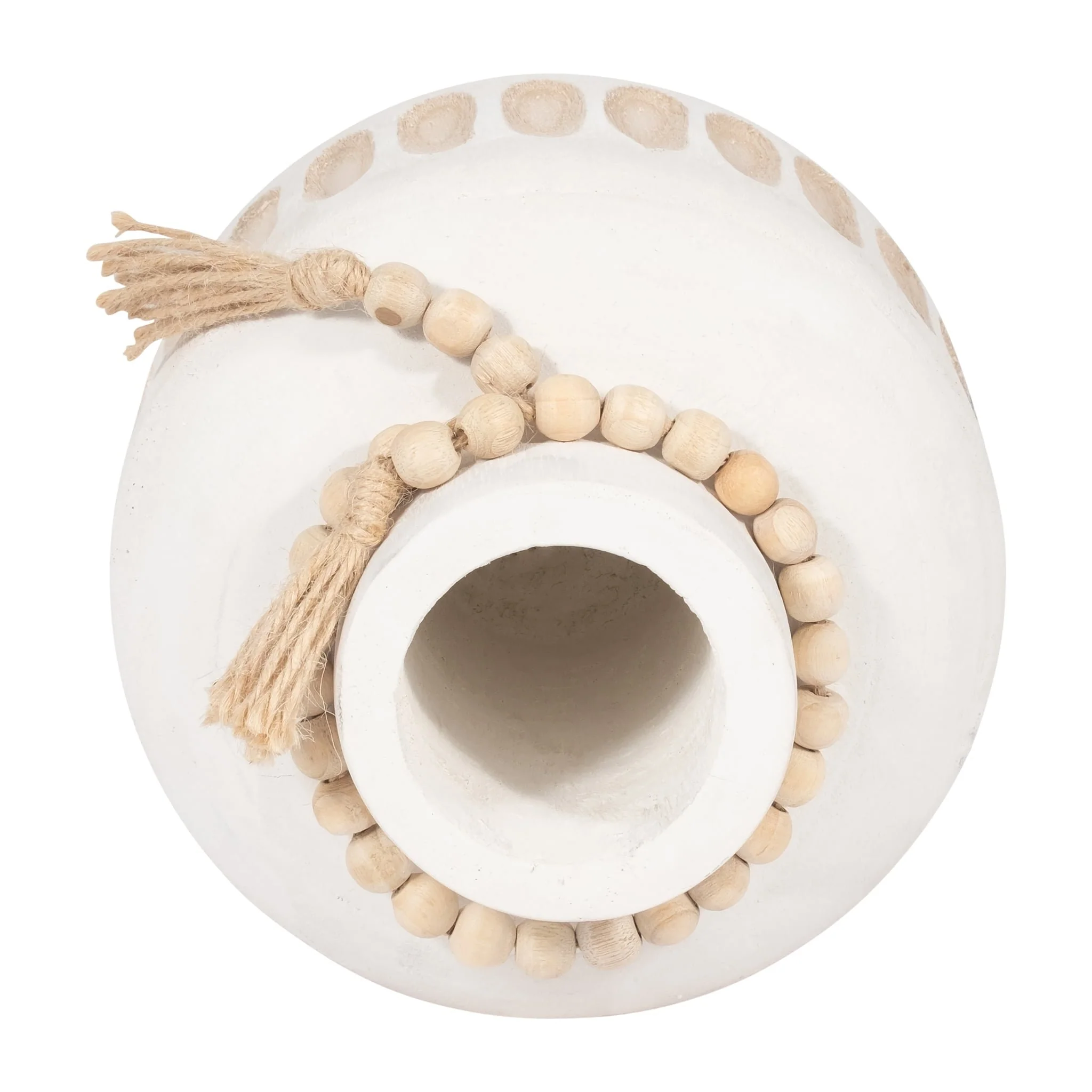 Wood, 8" Round Ridged Vase W/ Tassels, White - Image 6