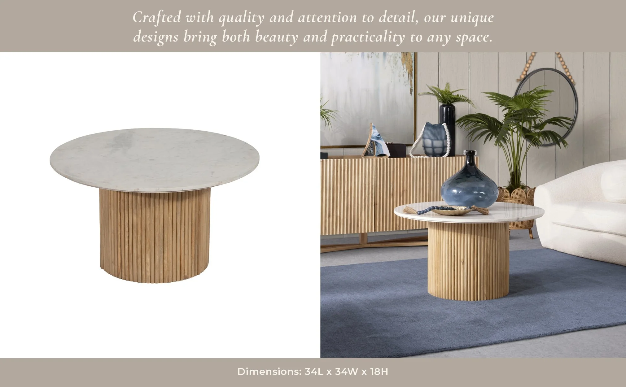 Wood/marble, 34"d Reeded, Coffee Table,  Kd 2boxes - Image 12